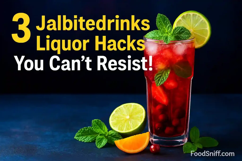 A tall red cocktail with mint, lime, and berries against a dark background, with bold text reading "3 Jalbitedrinks Liquor Hacks You Can’t Resist!" and FoodSniff.com branding.
