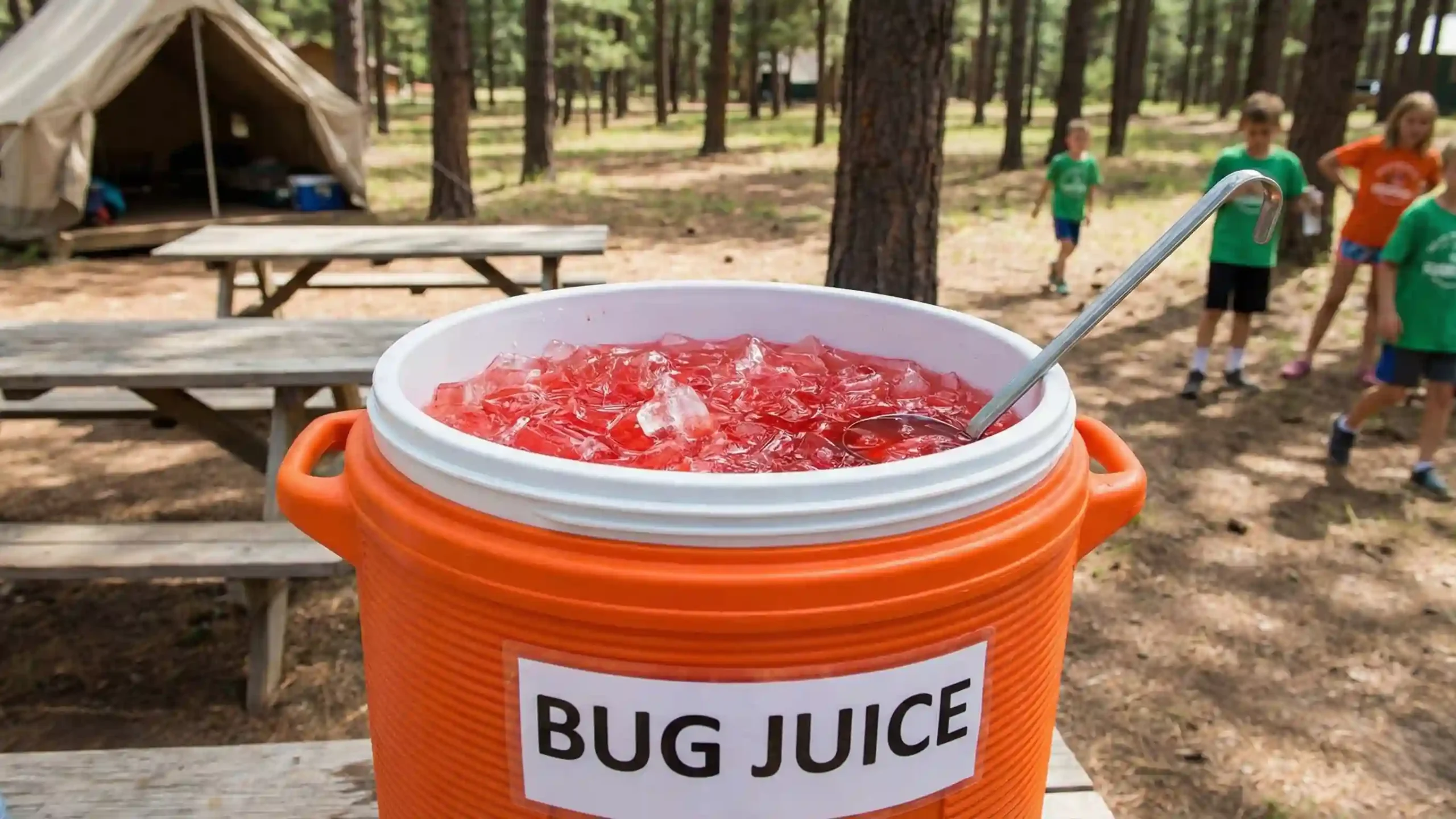 Large batch bug juice prepared in a beverage cooler for summer camp