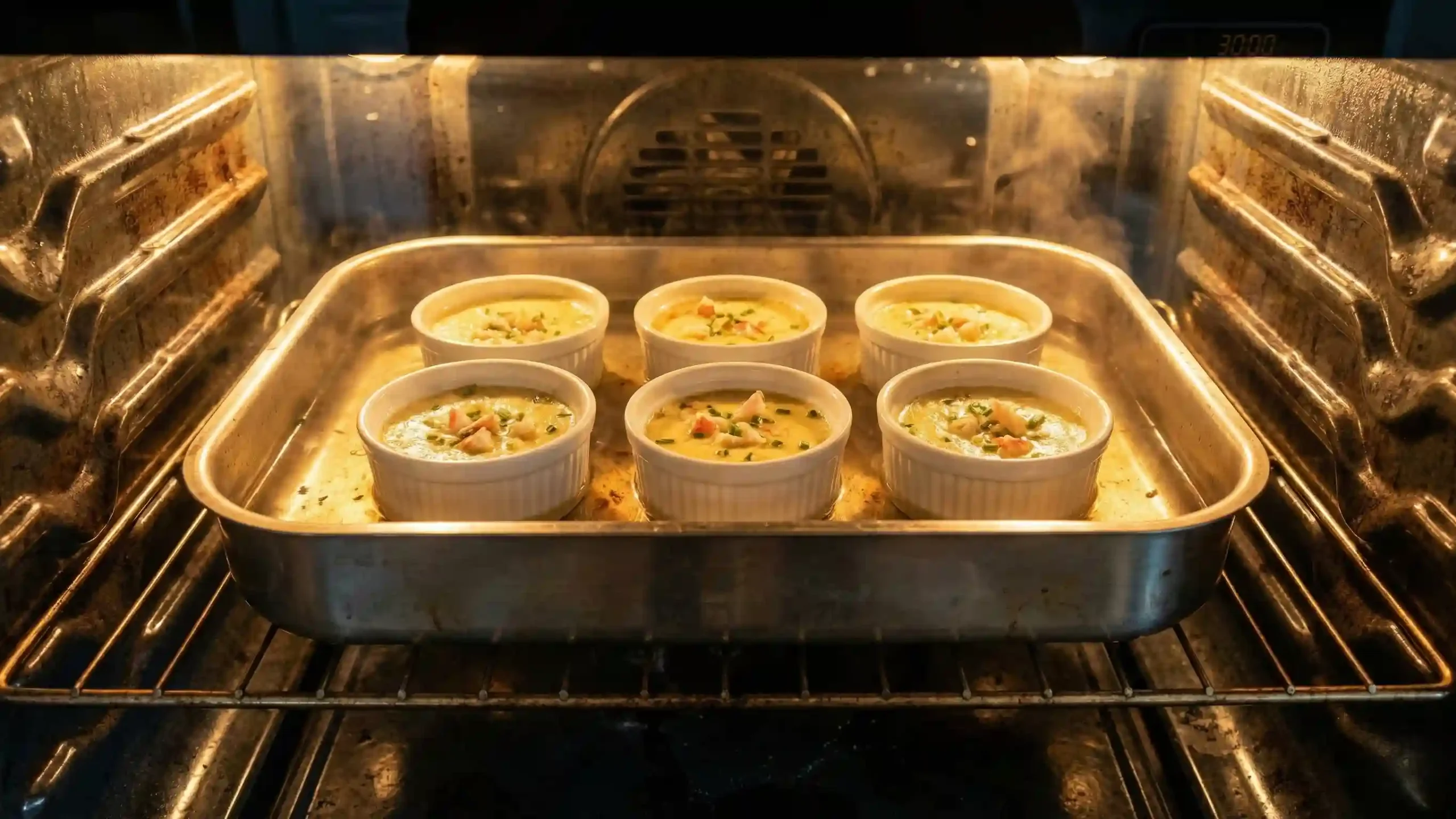 Crab brûlée custards baking evenly in a water bath.