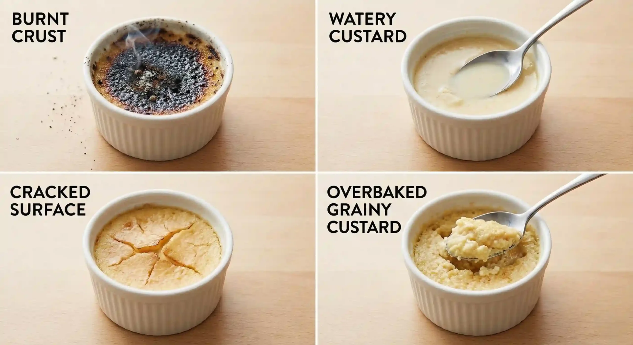 Common mistakes when making crab brûlée, including burnt sugar and overbaked custard.