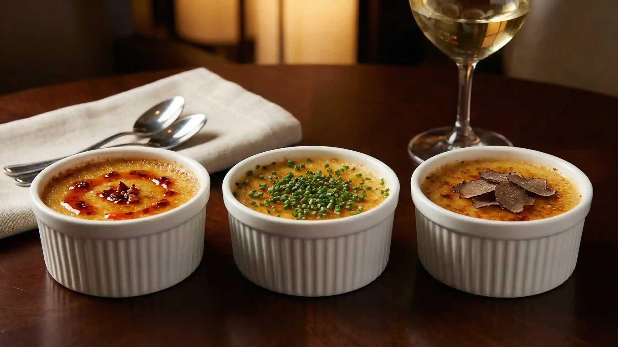 Different crab brûlée variations including spicy, herb, and truffle versions.