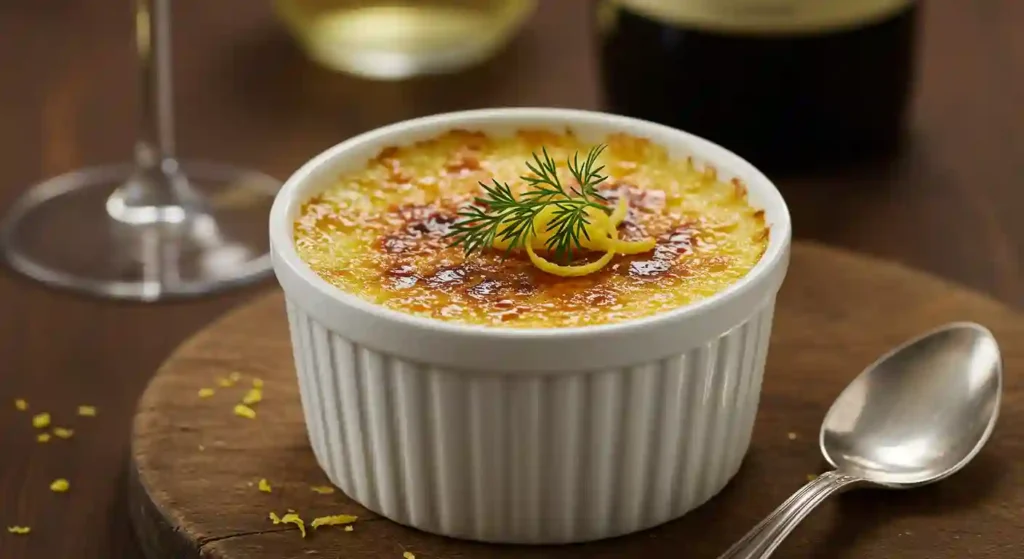 Close-up of a golden Crab Brulee in a white ramekin with a crisp Parmesan and panko crust, garnished with fresh dill and lemon zest, styled on a rustic table with a glass of Chardonnay in the background.