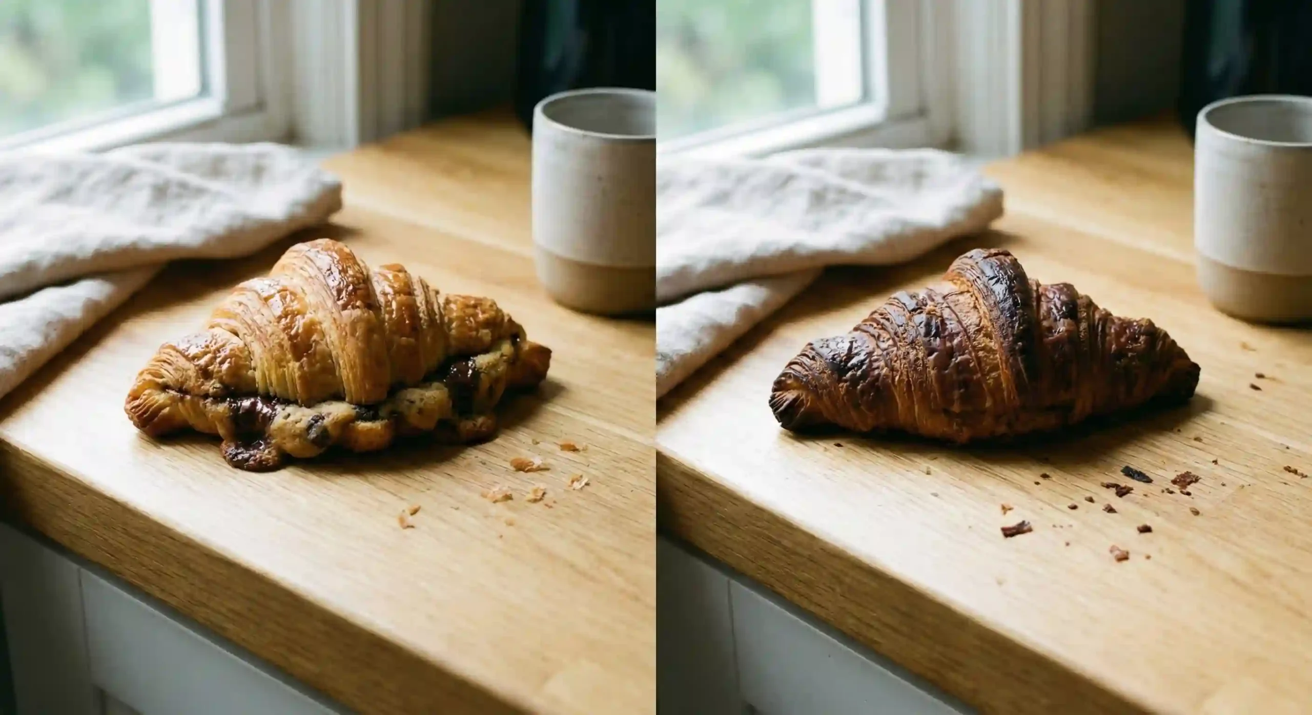 Comparison of properly baked crookie and overbaked croissant