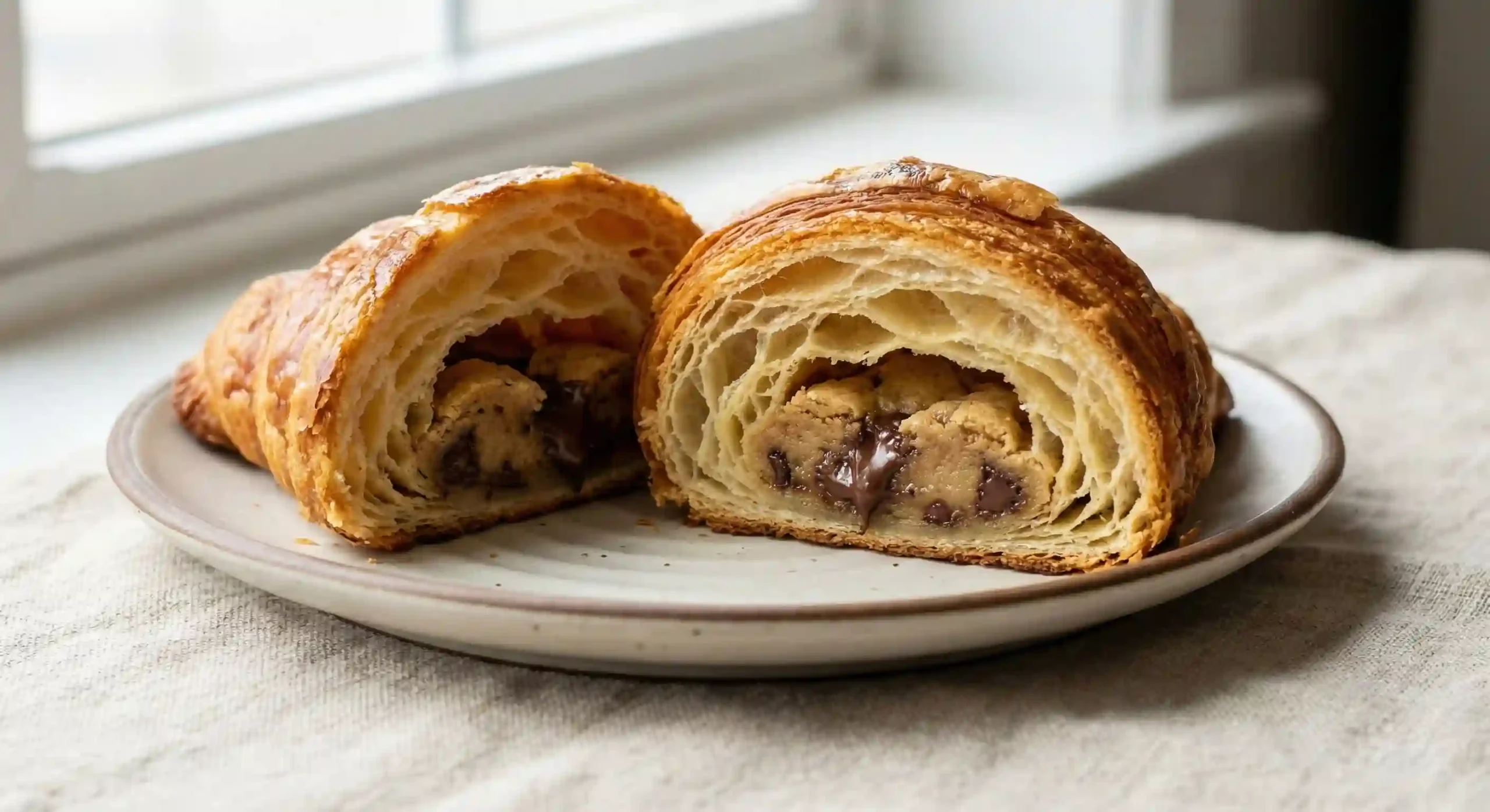 Crookie cross section showing flaky croissant layers and gooey cookie center