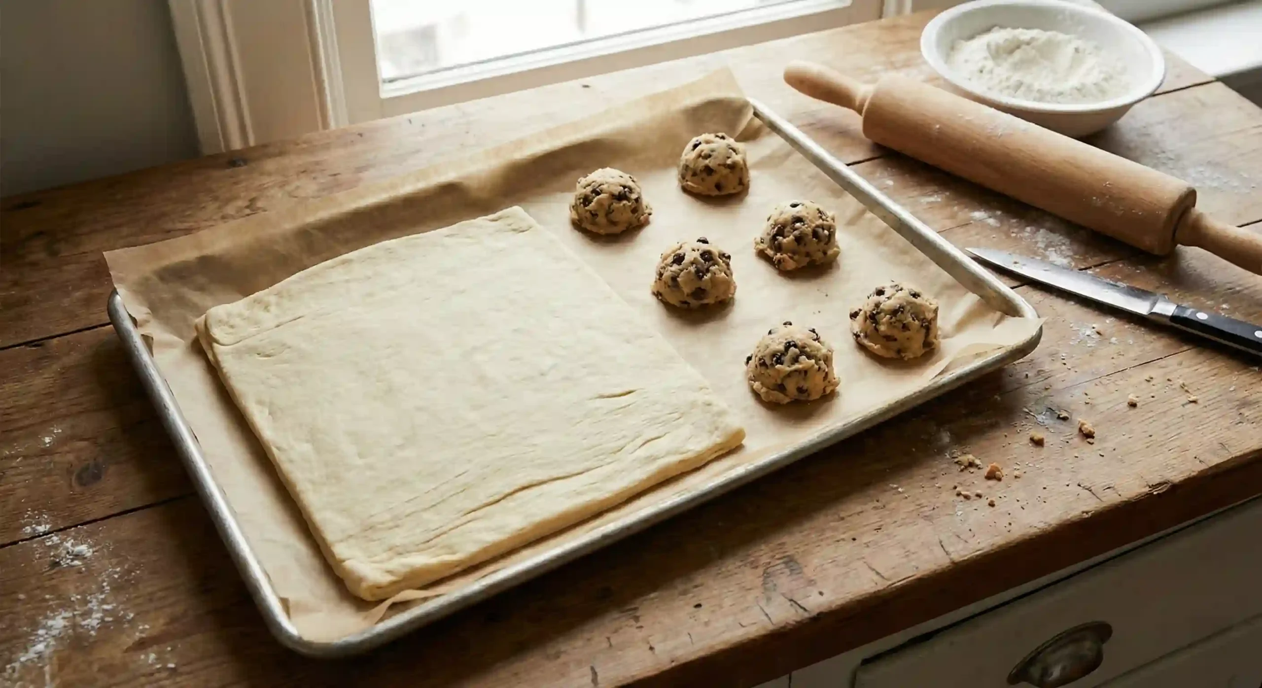 Croissant dough and chocolate chip cookie dough arranged on a kitchen counter