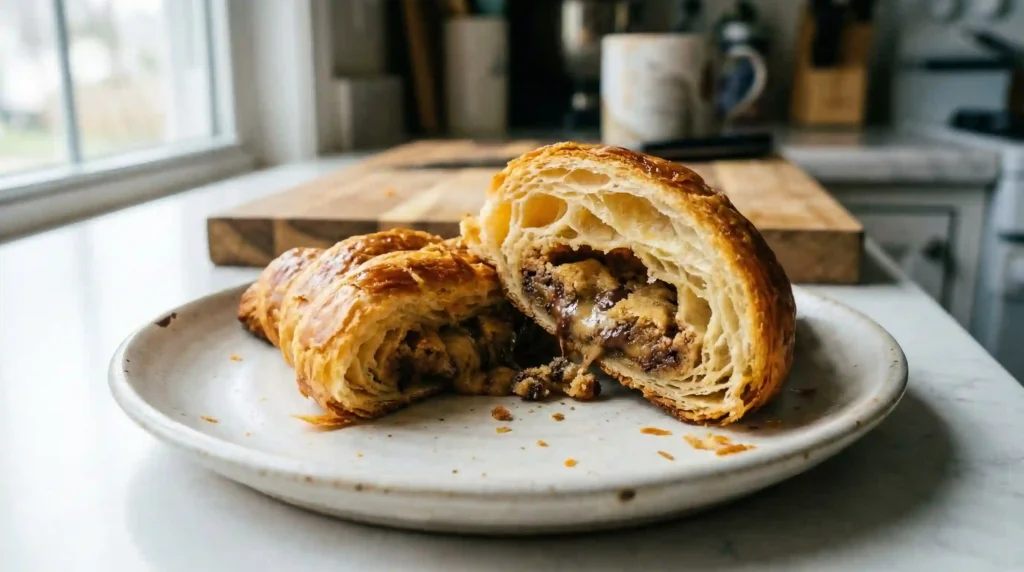 Crookie recipe showing a flaky croissant filled with gooey cookie dough sliced on a plate
