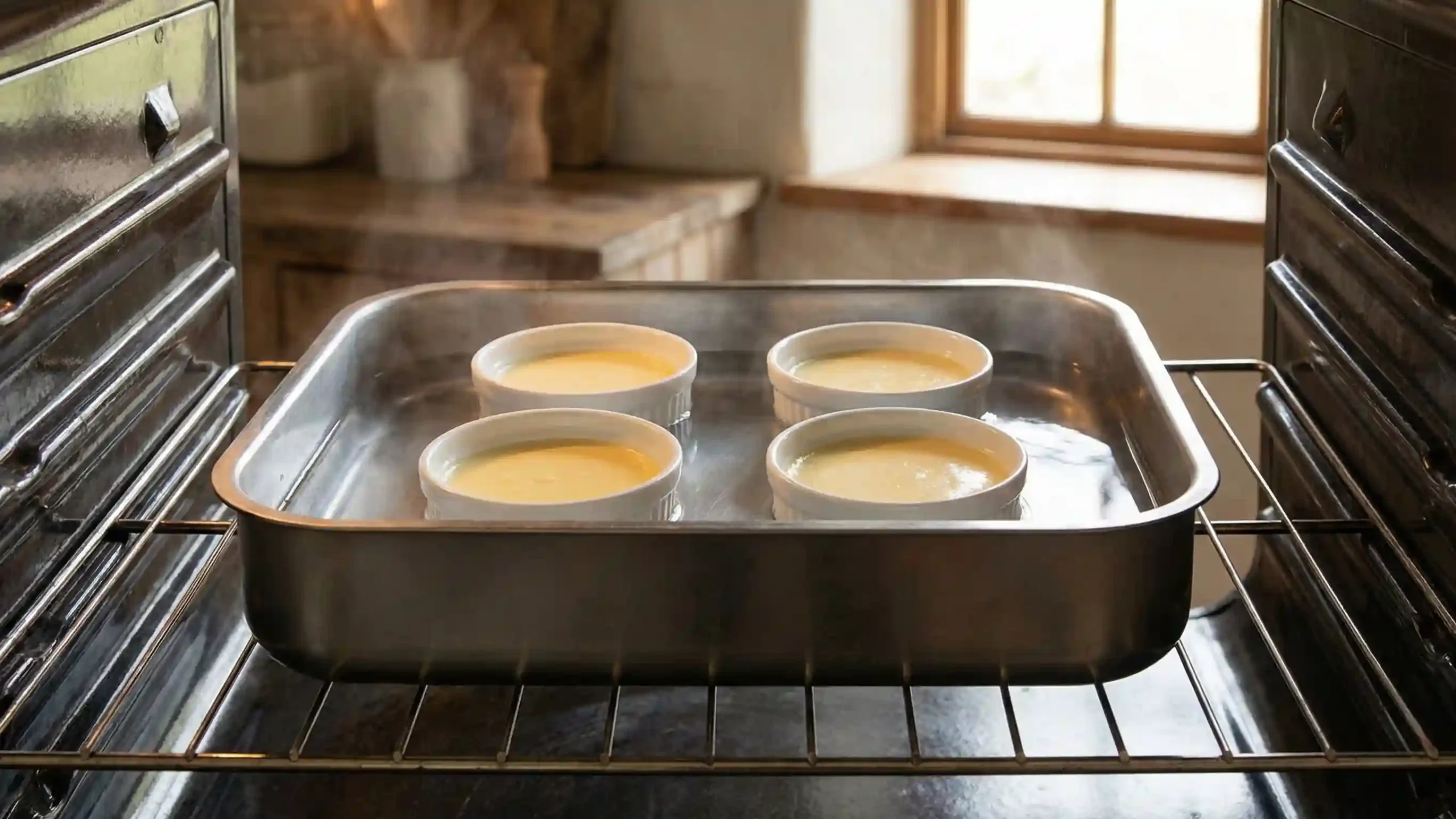 Custard ramekins placed in a water bath for gentle baking.