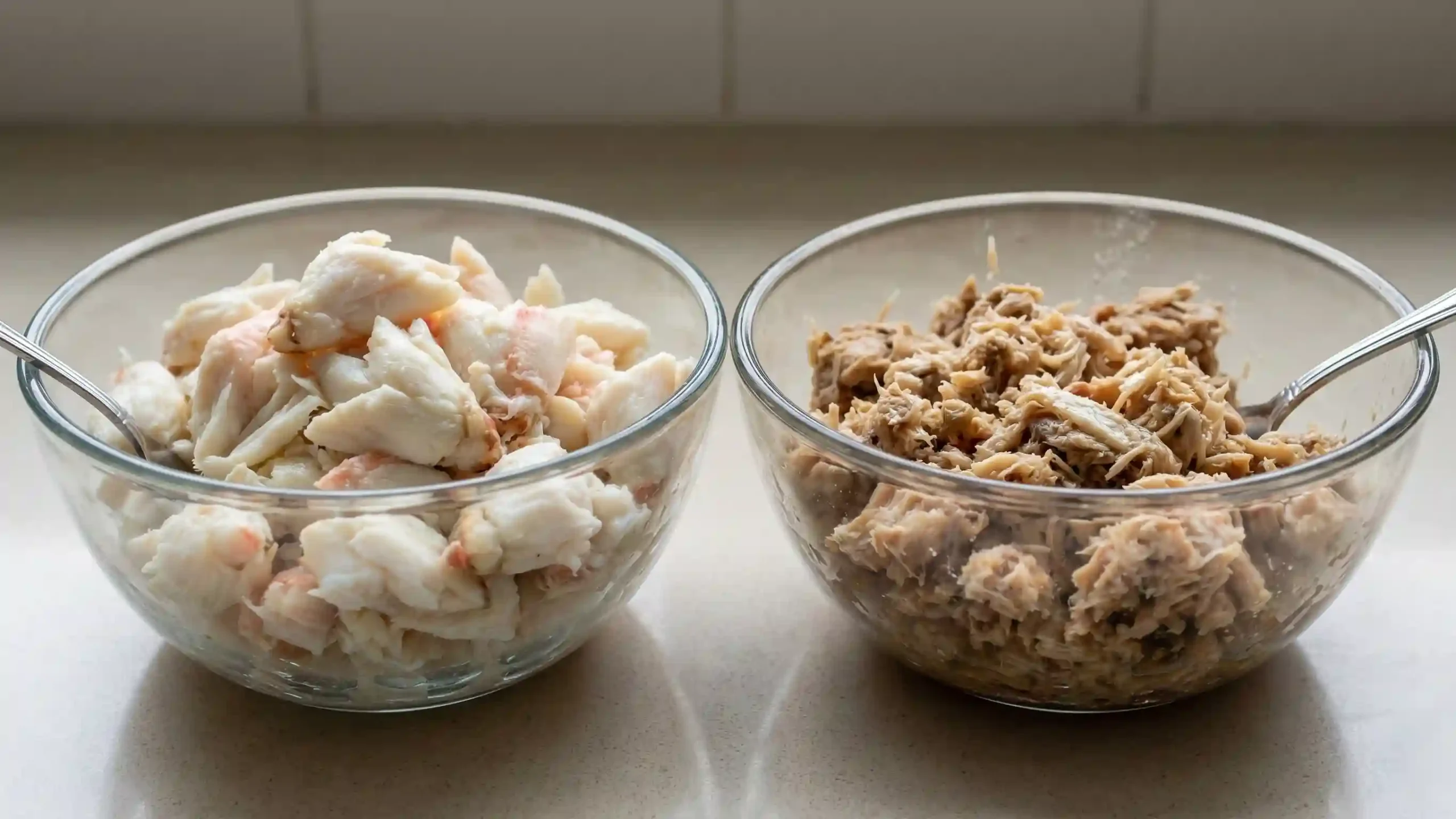 Fresh crab meat compared with canned crab meat in bowls.