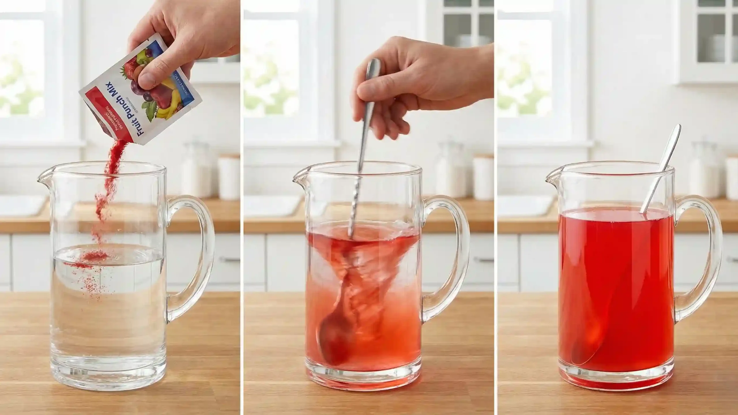 Mixing powdered drink mix with water to make bug juice