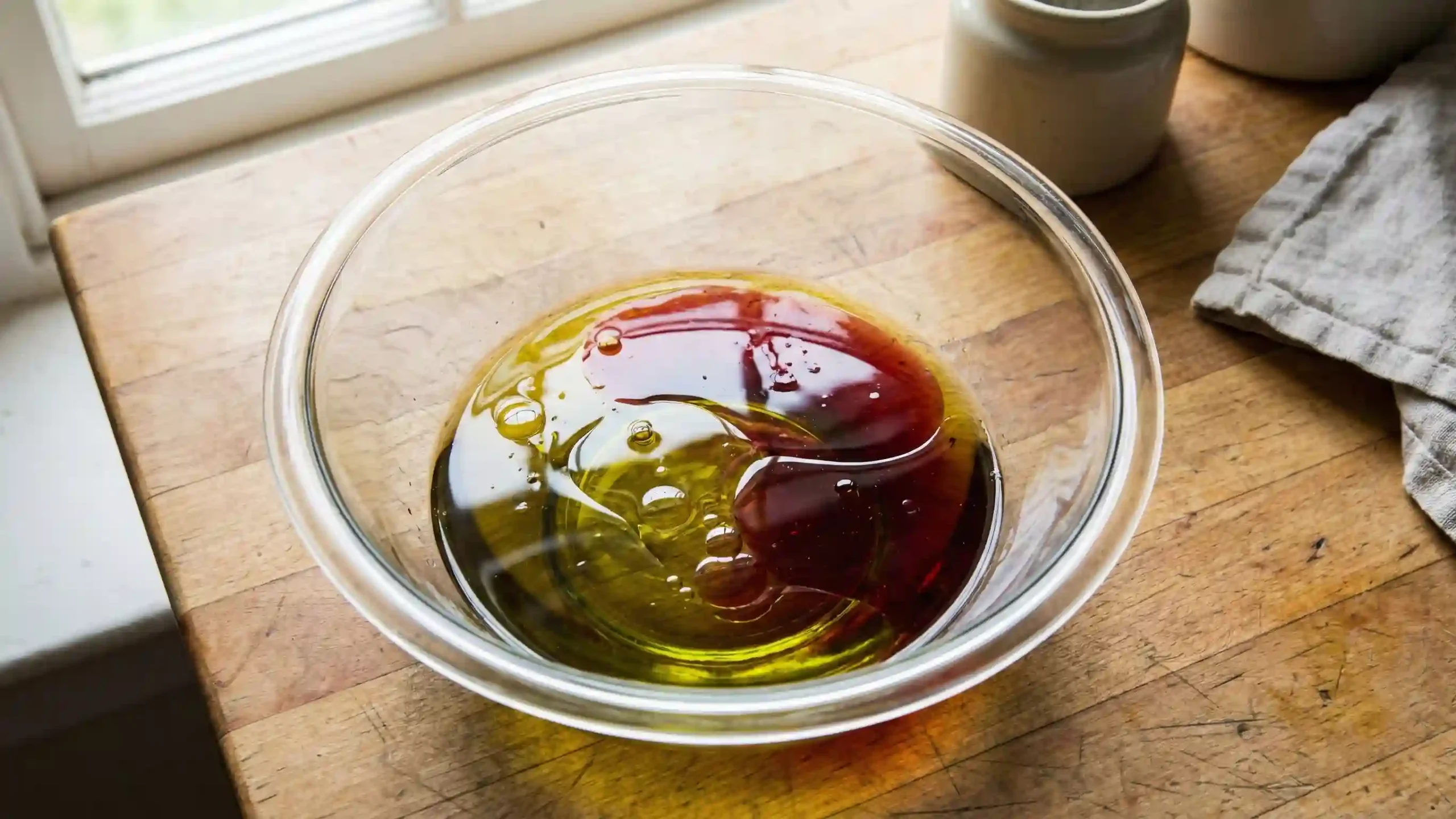 Olive oil and red wine vinegar showing partial emulsification in sub oil