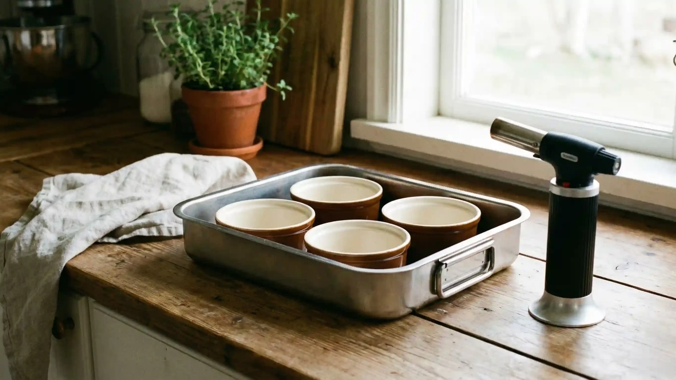 Ramekins, kitchen torch, and roasting pan used for making crab brûlée.