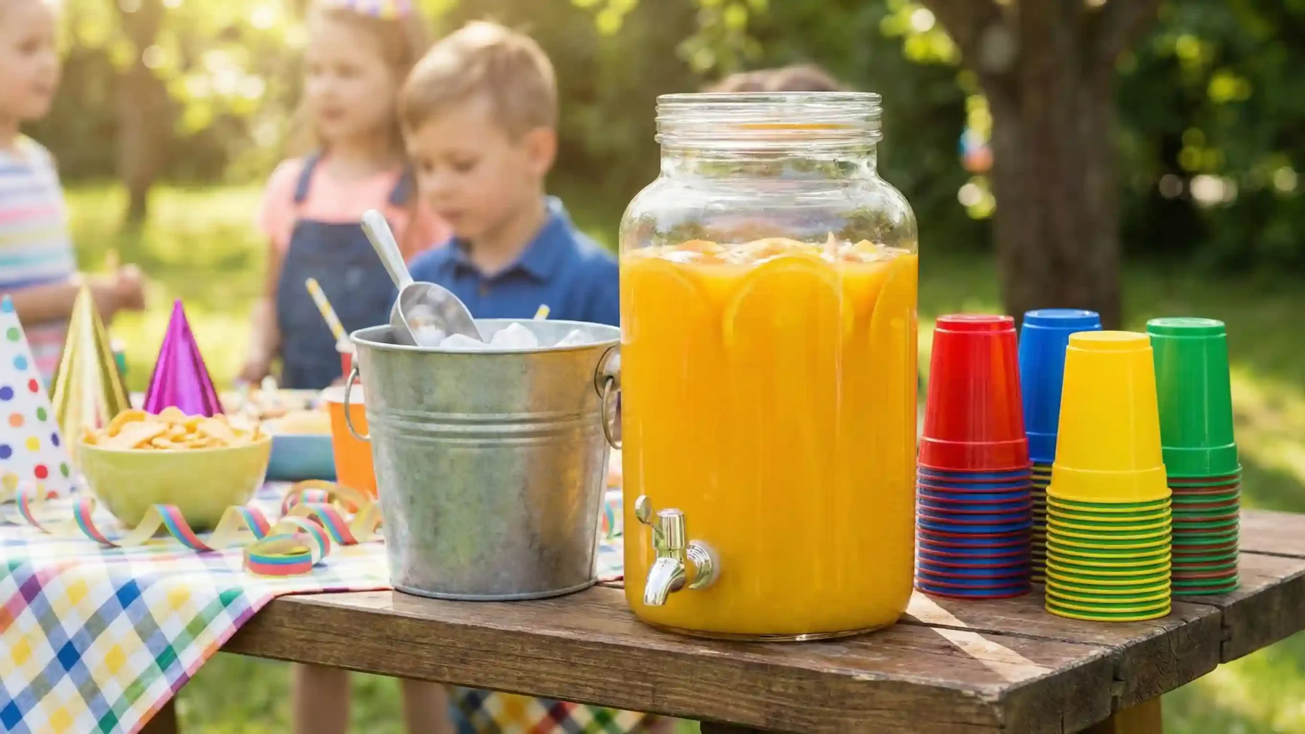 Bug juice served at a kids party using a drink dispenser and colorful cups