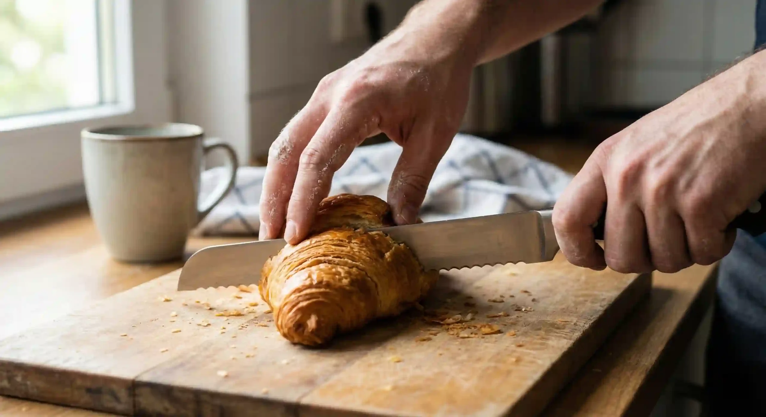 Slicing a croissant to prepare a stuffed crookie