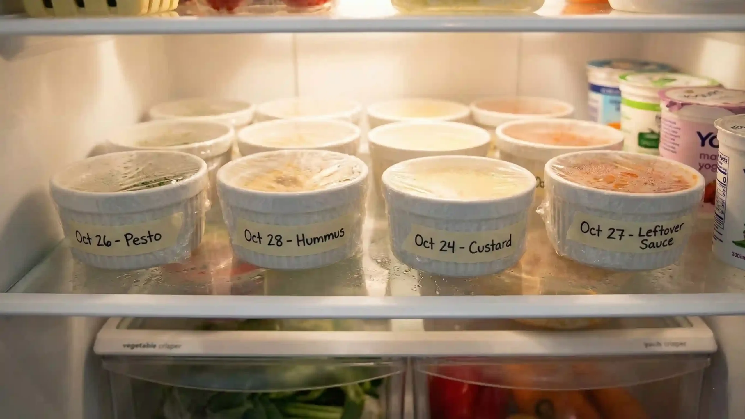 Crab brûlée stored in covered ramekins inside a refrigerator.