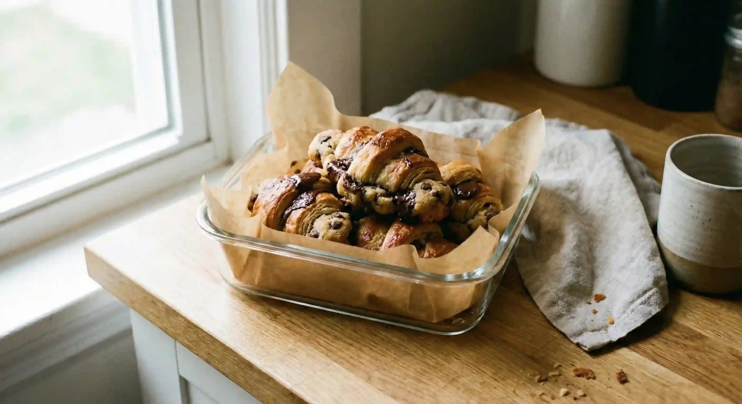 Crookies stored at room temperature in a parchment lined container