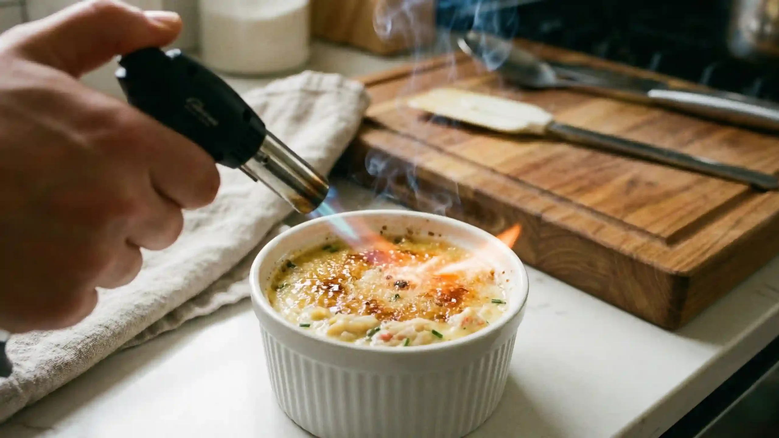 Caramelizing sugar topping on crab brûlée using a kitchen torch.