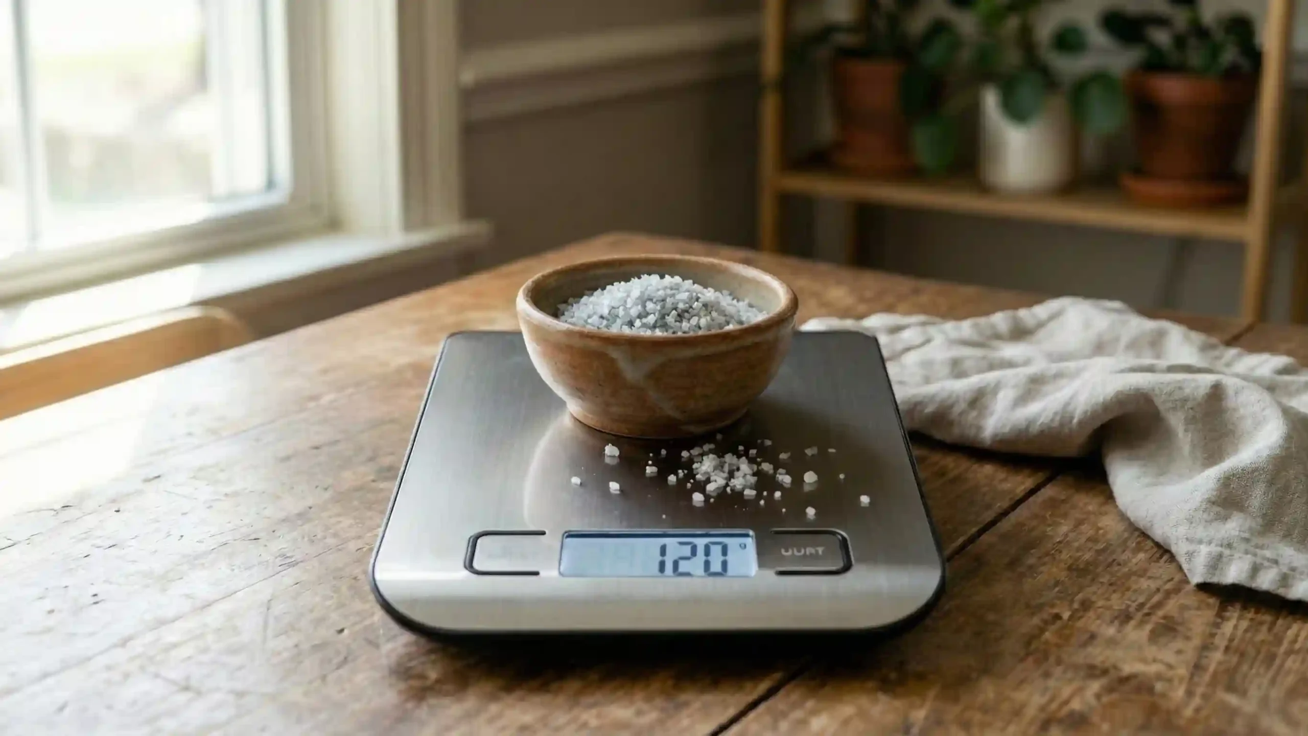 Weighing Celtic salt with digital kitchen scale for sourdough bread