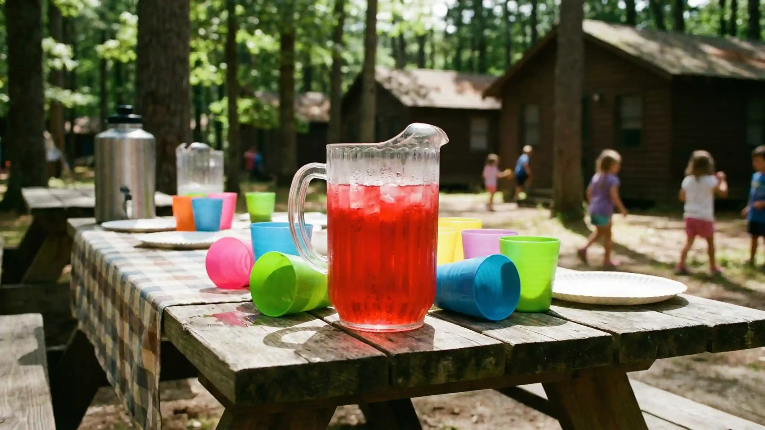 Bug juice summer camp drink served in a pitcher on a camp table