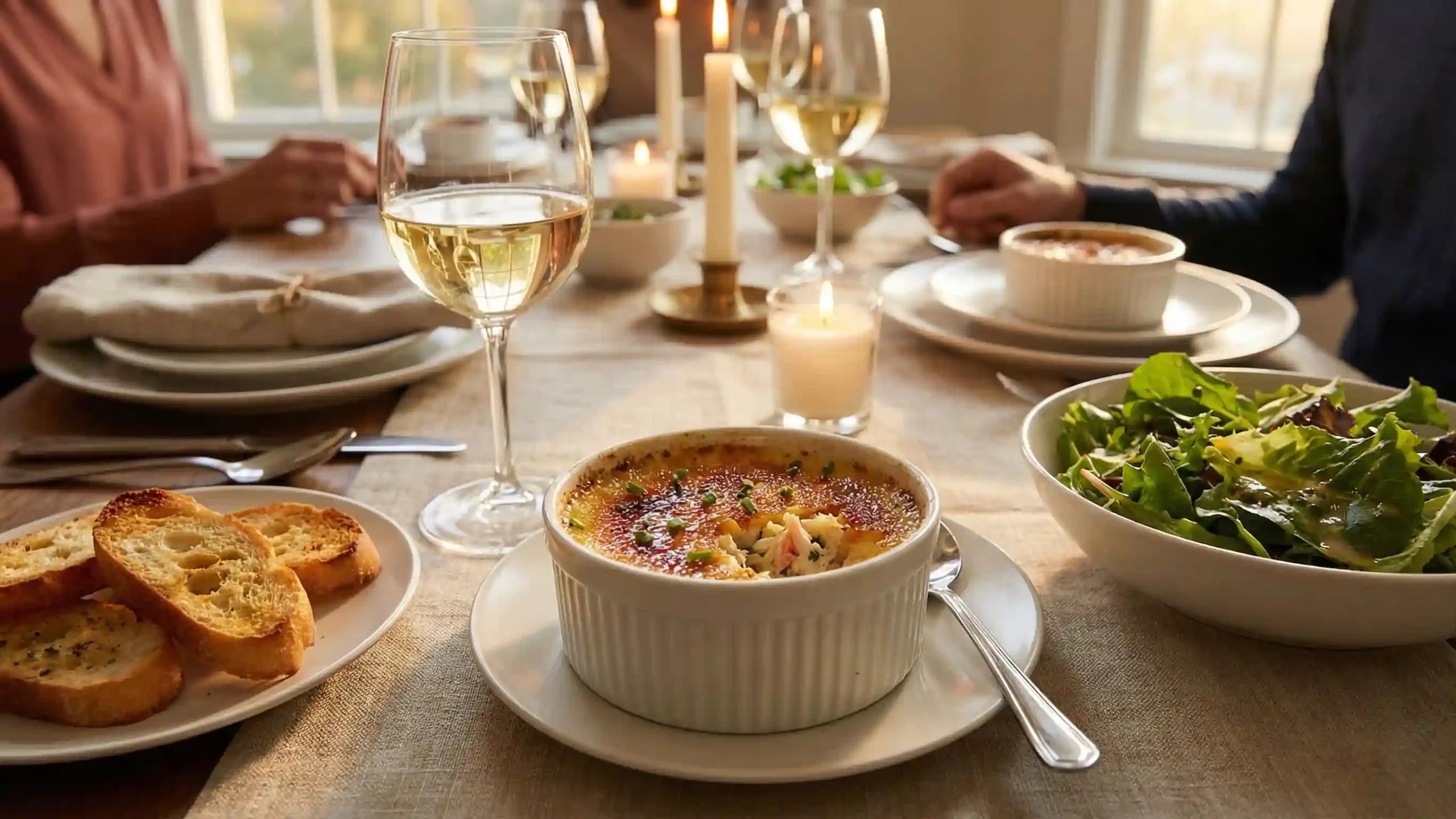 Crab brûlée served with wine and light side dishes.