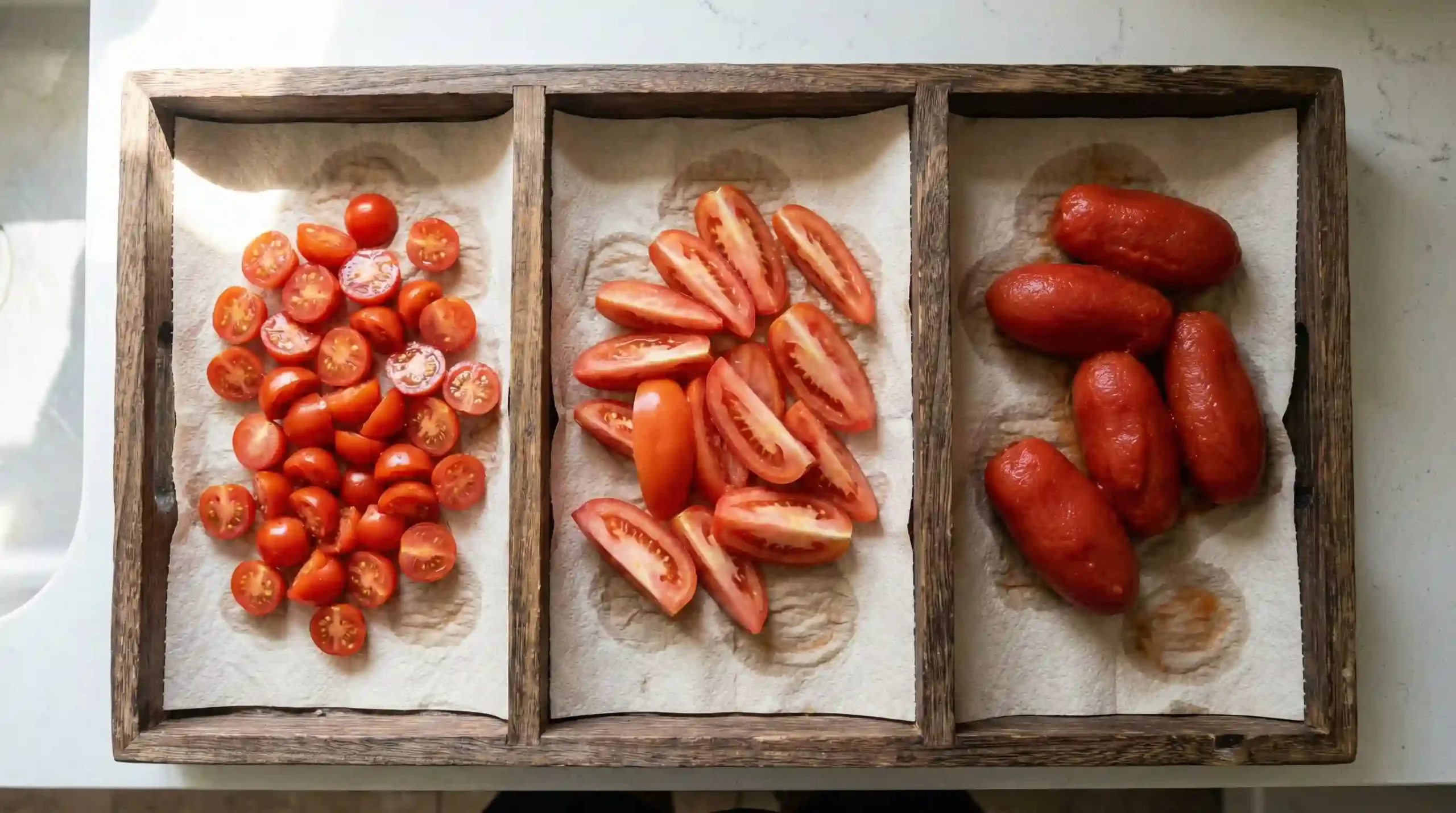 Cherry Roma and San Marzano tomatoes prepared for pizza topping