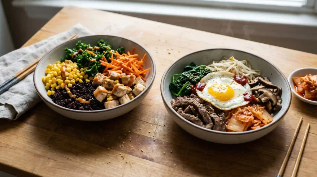 Bibbop chicken recipes featured image showing Bibibop copycat chicken bowl and chicken bibimbap Korean rice bowl