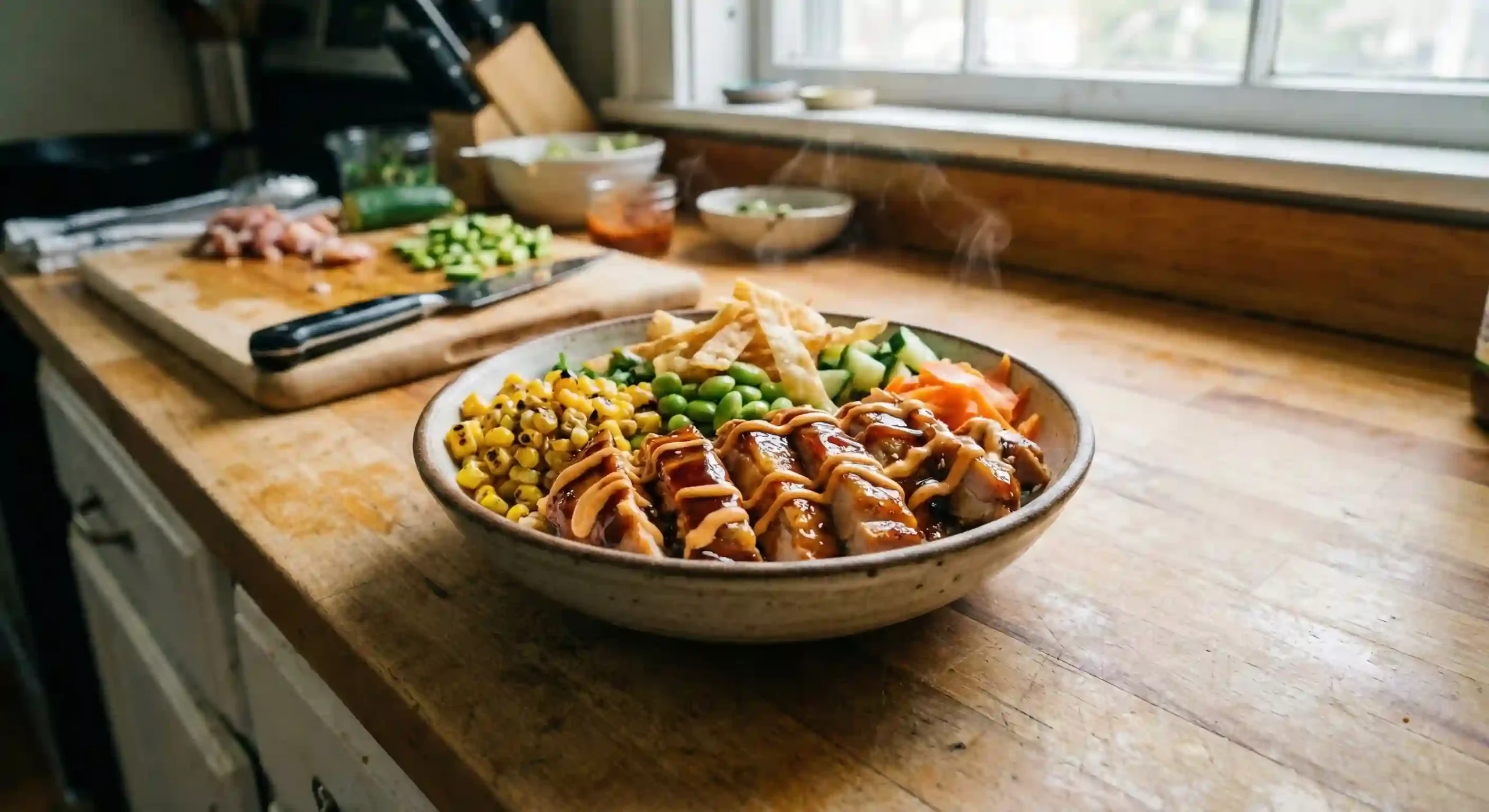 Bibibop copycat chicken bowl with sesame ginger teriyaki sauce and yum yum sauce drizzle