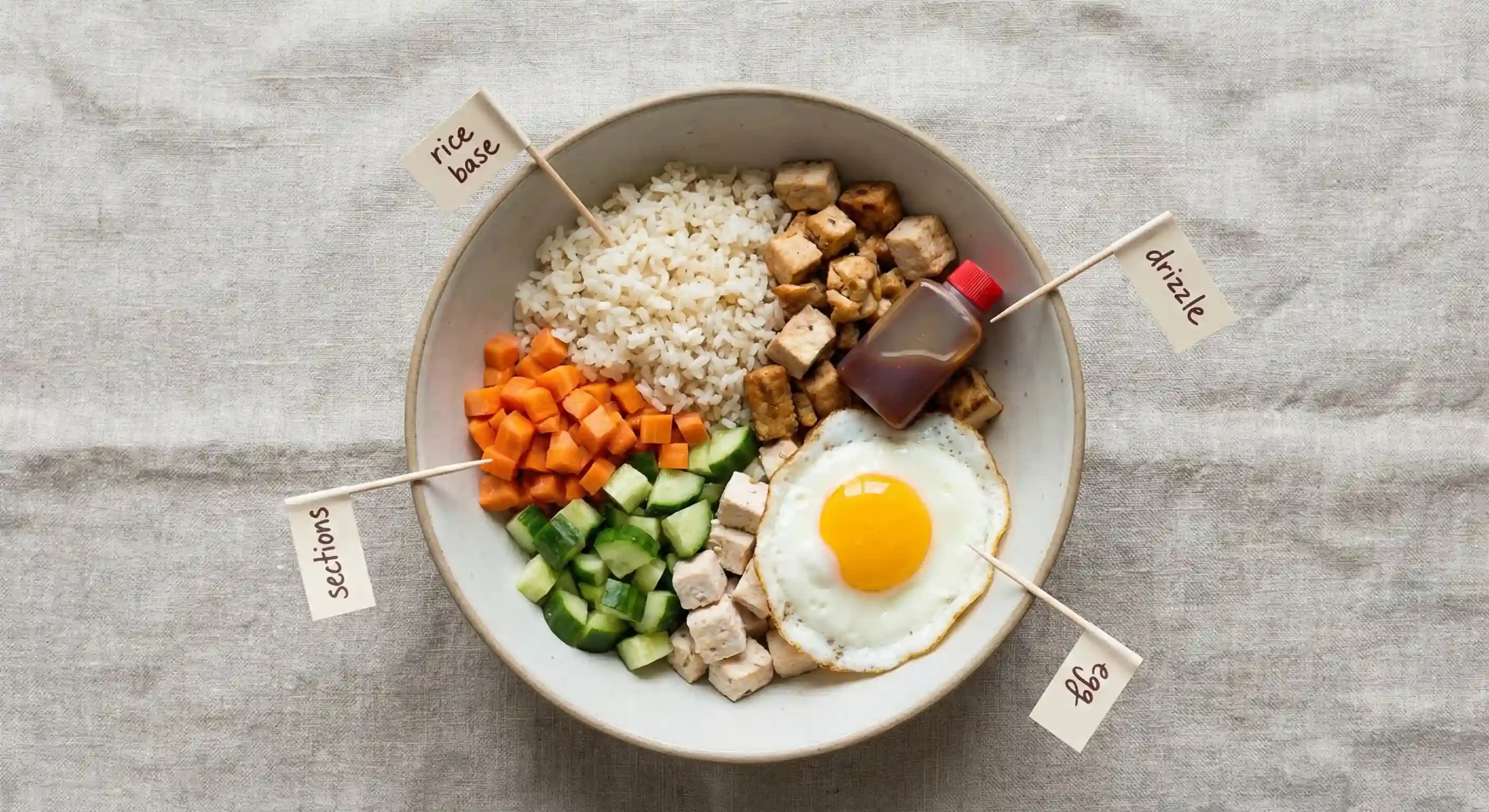 Bowl blueprint showing rice base sections drizzle and egg before mixing