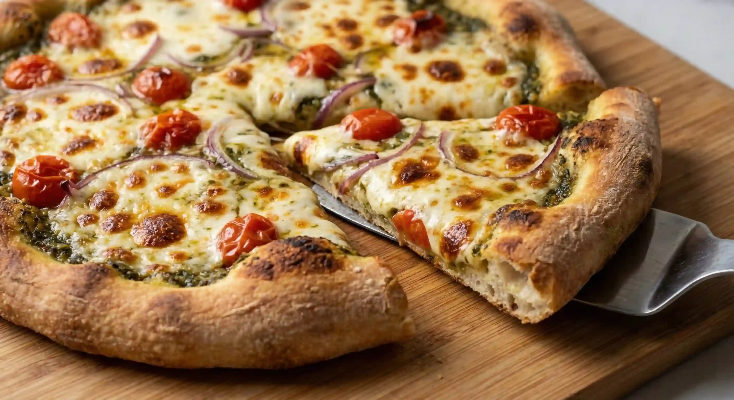 Bubbling cheese browned edges and crisp bottom on chimichurri tomato pizza