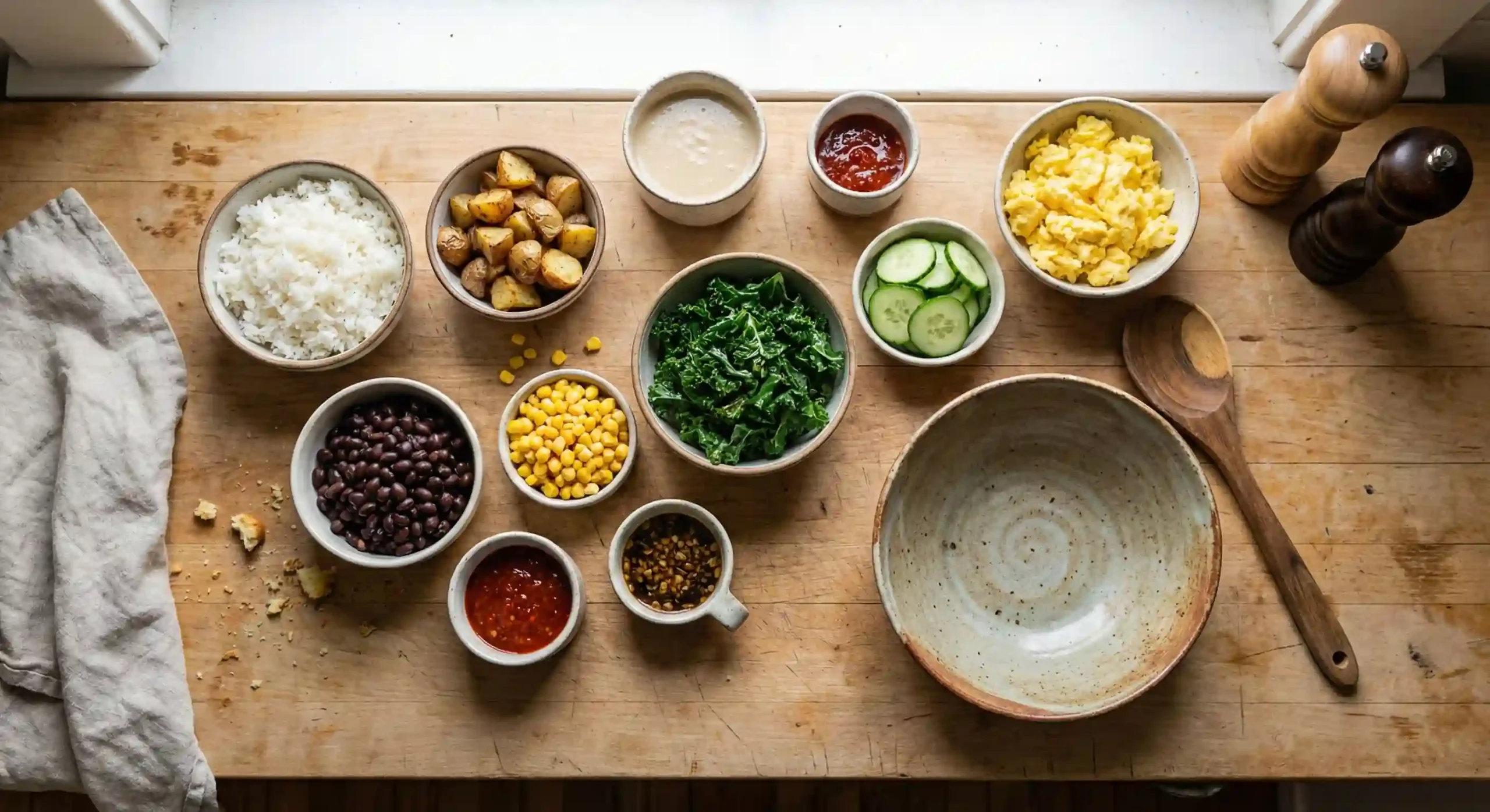 Build your own bowl assembly with rice potatoes black beans corn kale cucumber scrambled eggs and drizzle sauce
