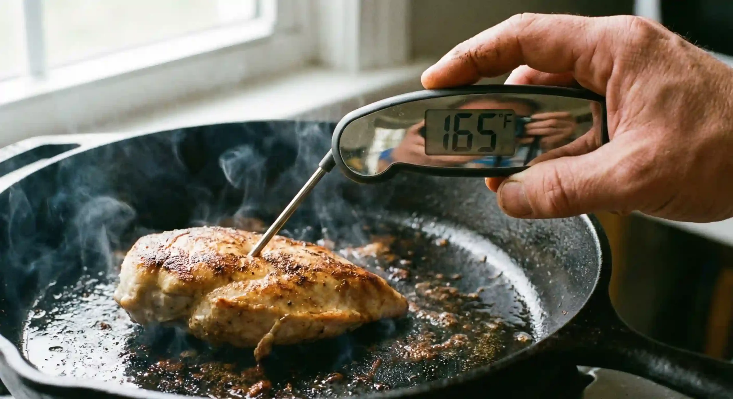 Chicken internal temperature 165F shown on thermometer for grill or bake method