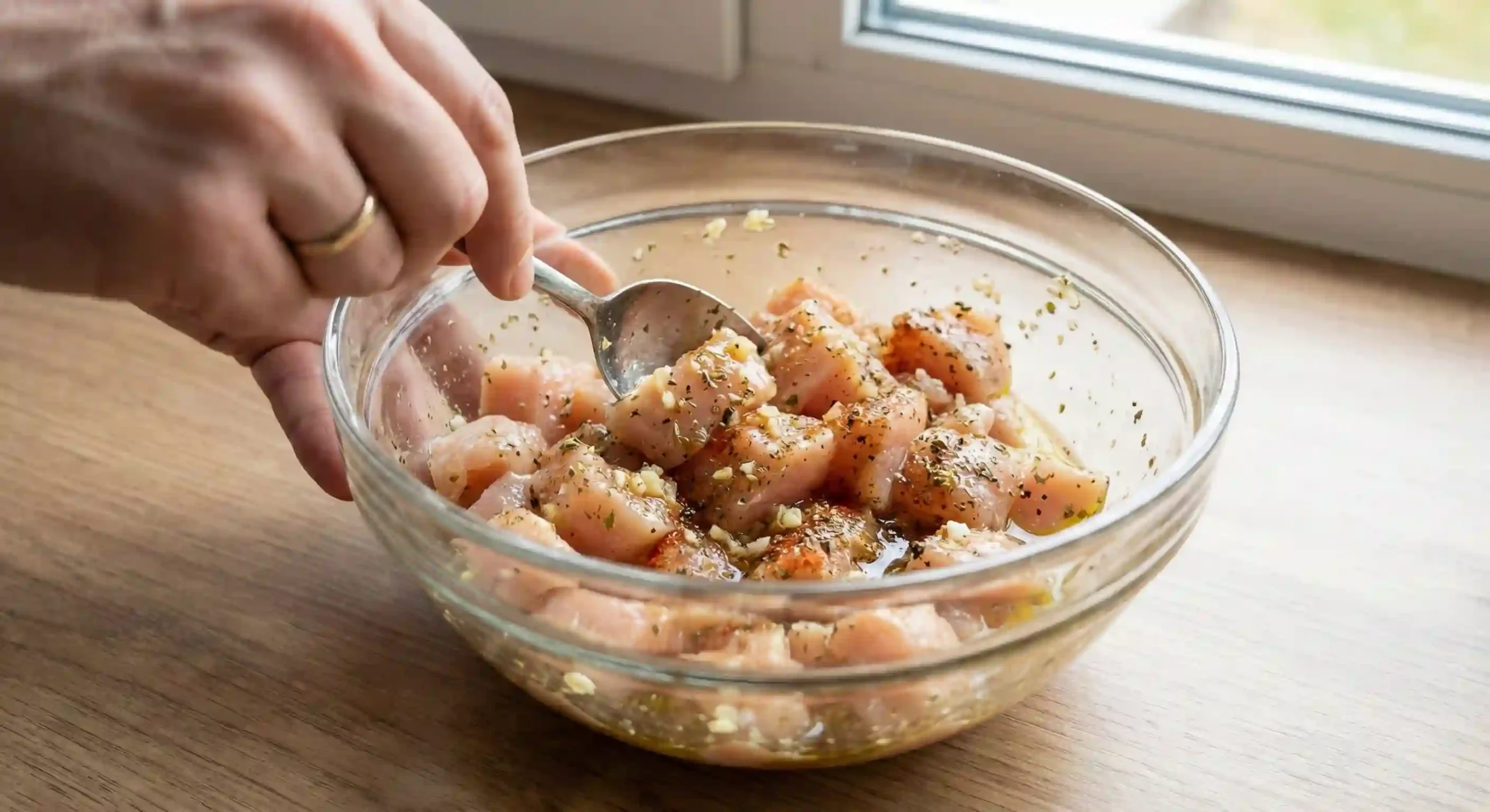 Chicken kebabs marinating in Mediterranean style marinade
