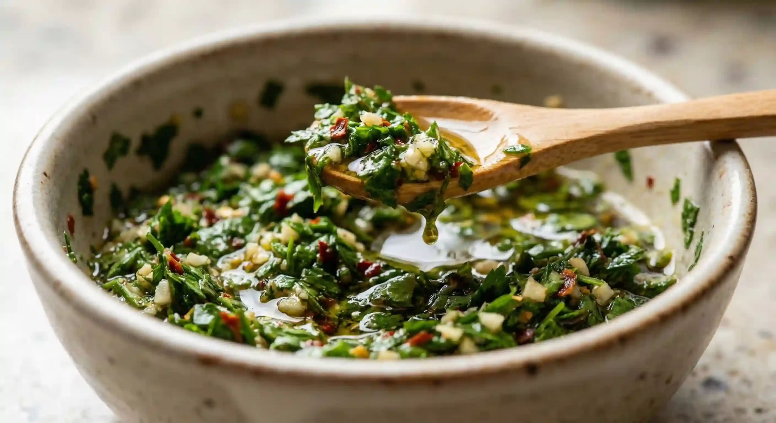 Close up of chimichurri sauce with chopped parsley garlic and olive oil