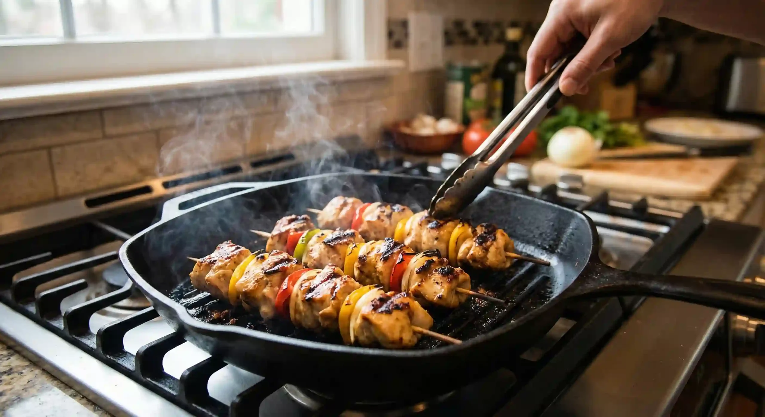Costco chicken skewers cooking in a grill pan