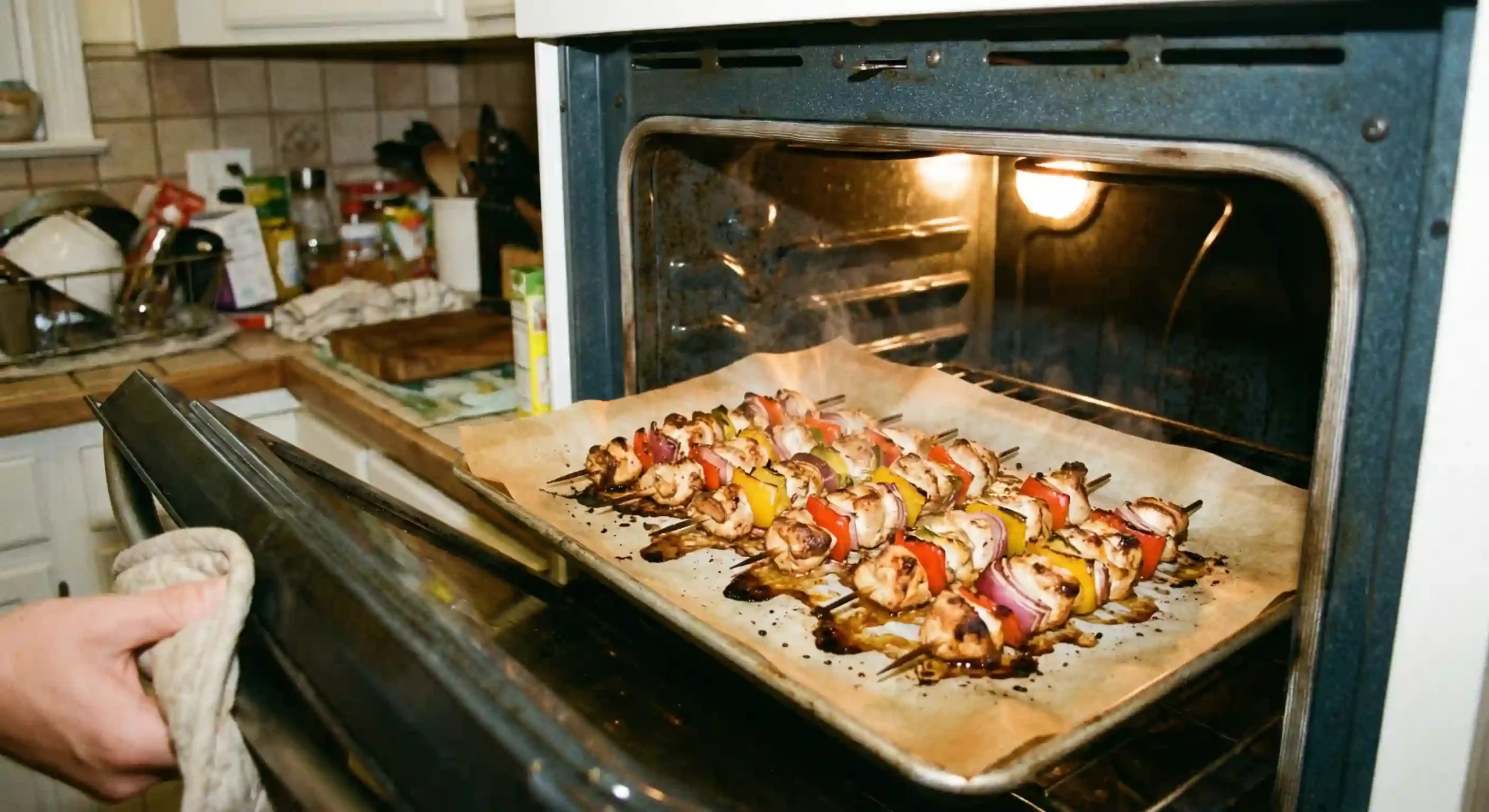 Costco chicken skewers cooking in oven on sheet pan