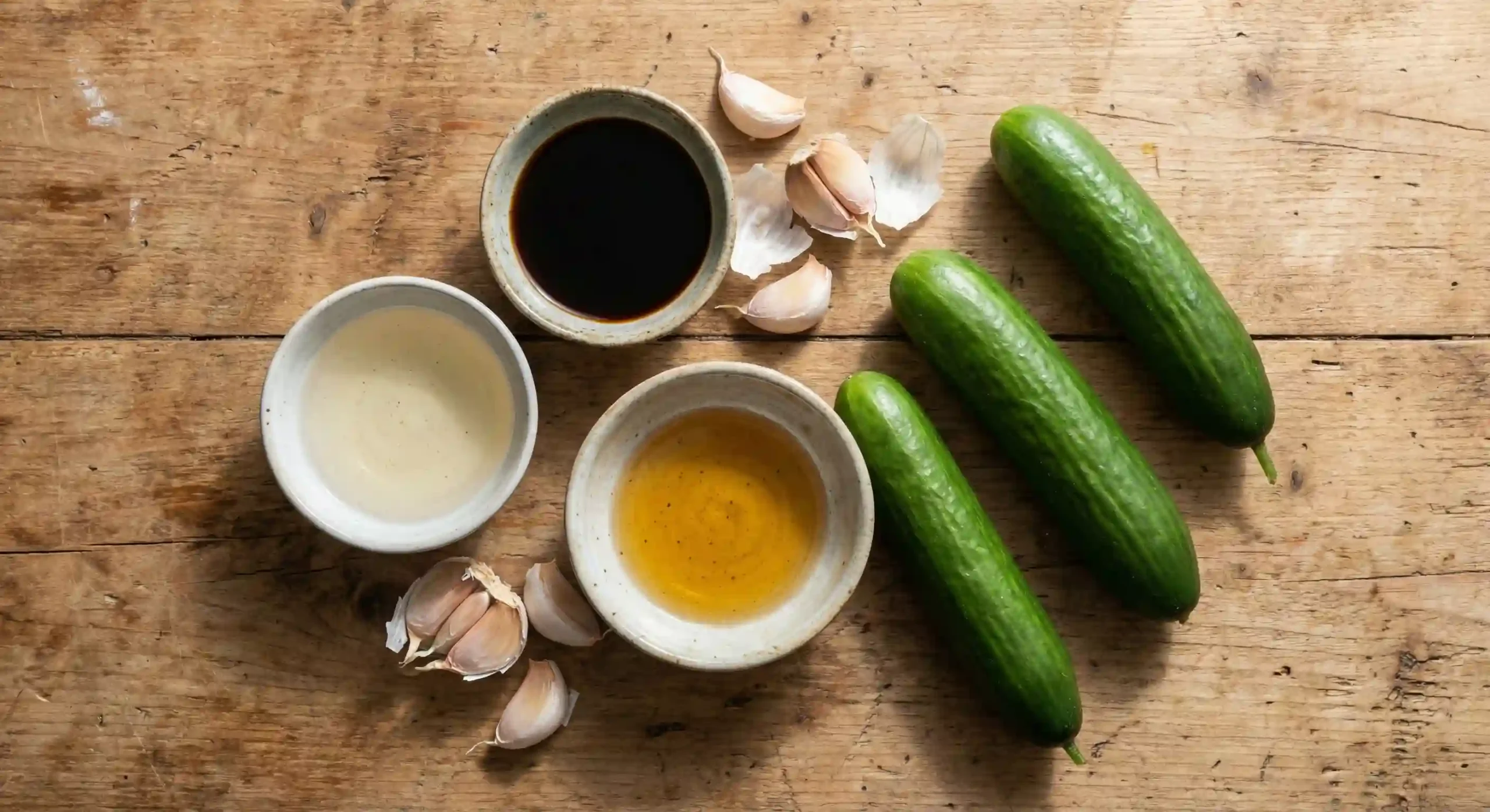 ingredients for din tai fung cucumber salad including cucumbers garlic and sesame oil