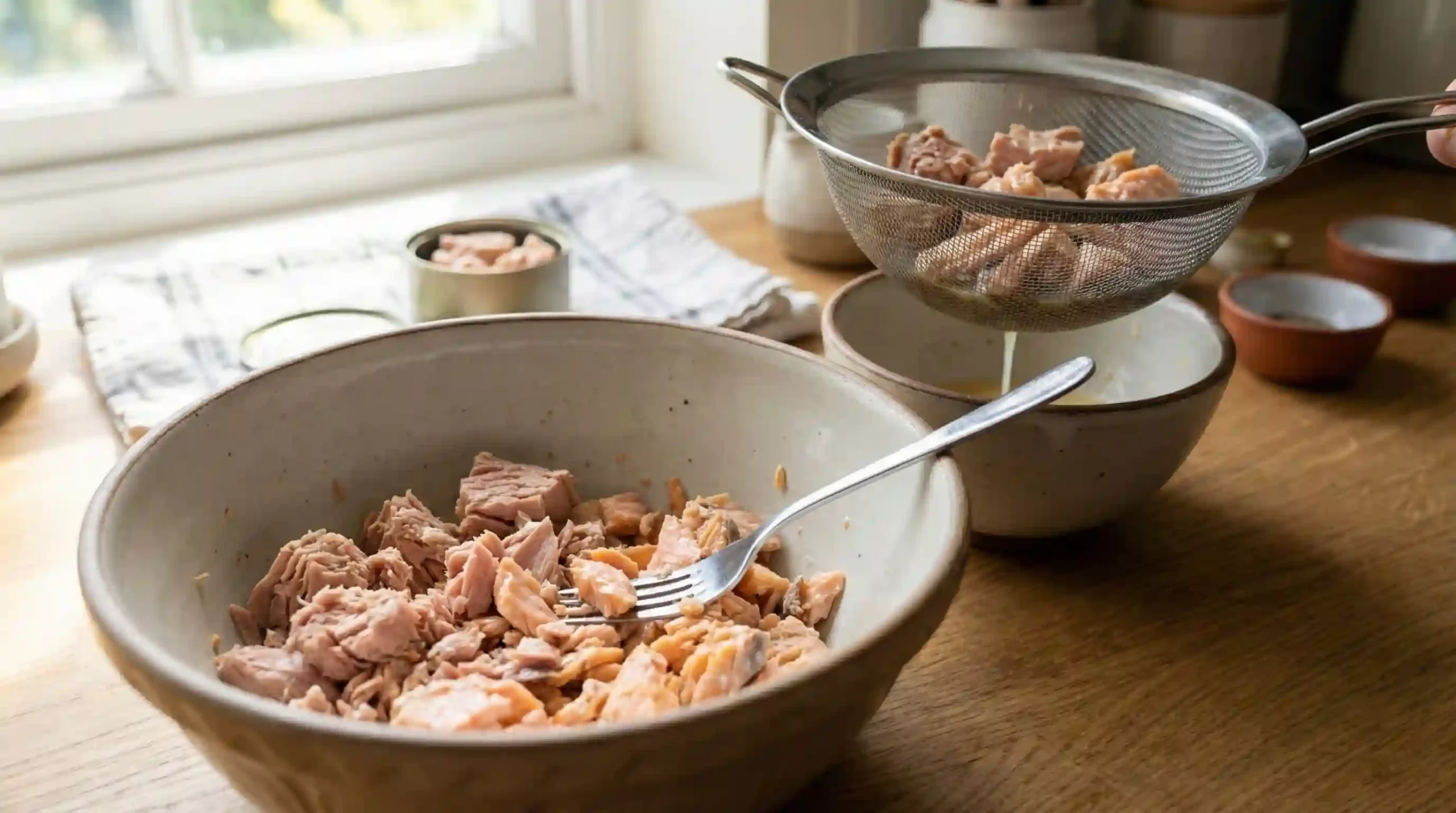 Draining canned fish and flaking tuna and salmon with a fork in a bowl