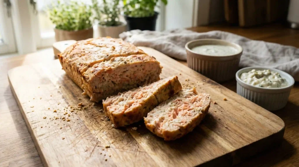 Sliced tuna and salmon loaf on a cutting board with two simple sauces in the background