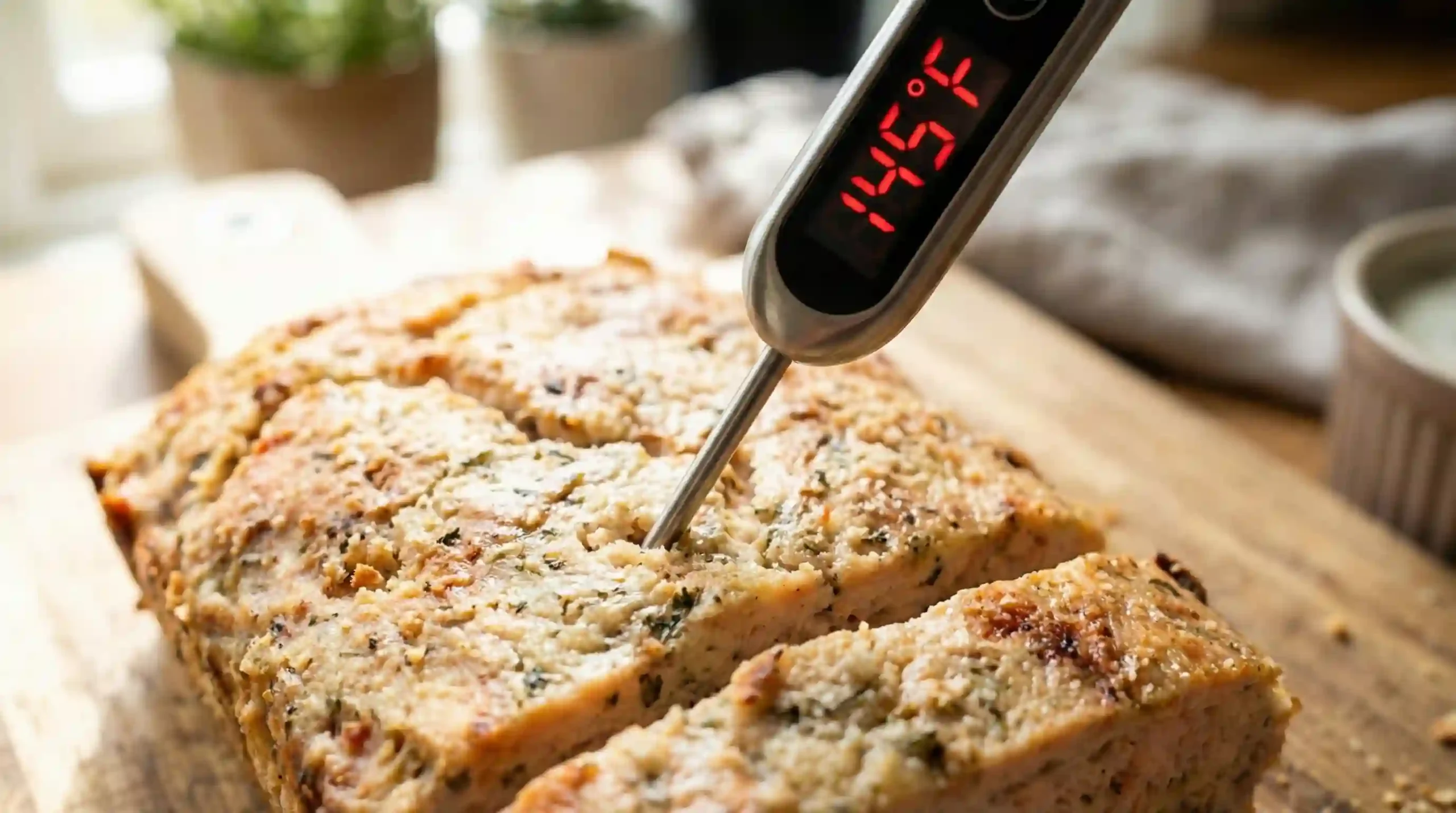 Food thermometer reading 145°F in the center of a baked fish loaf