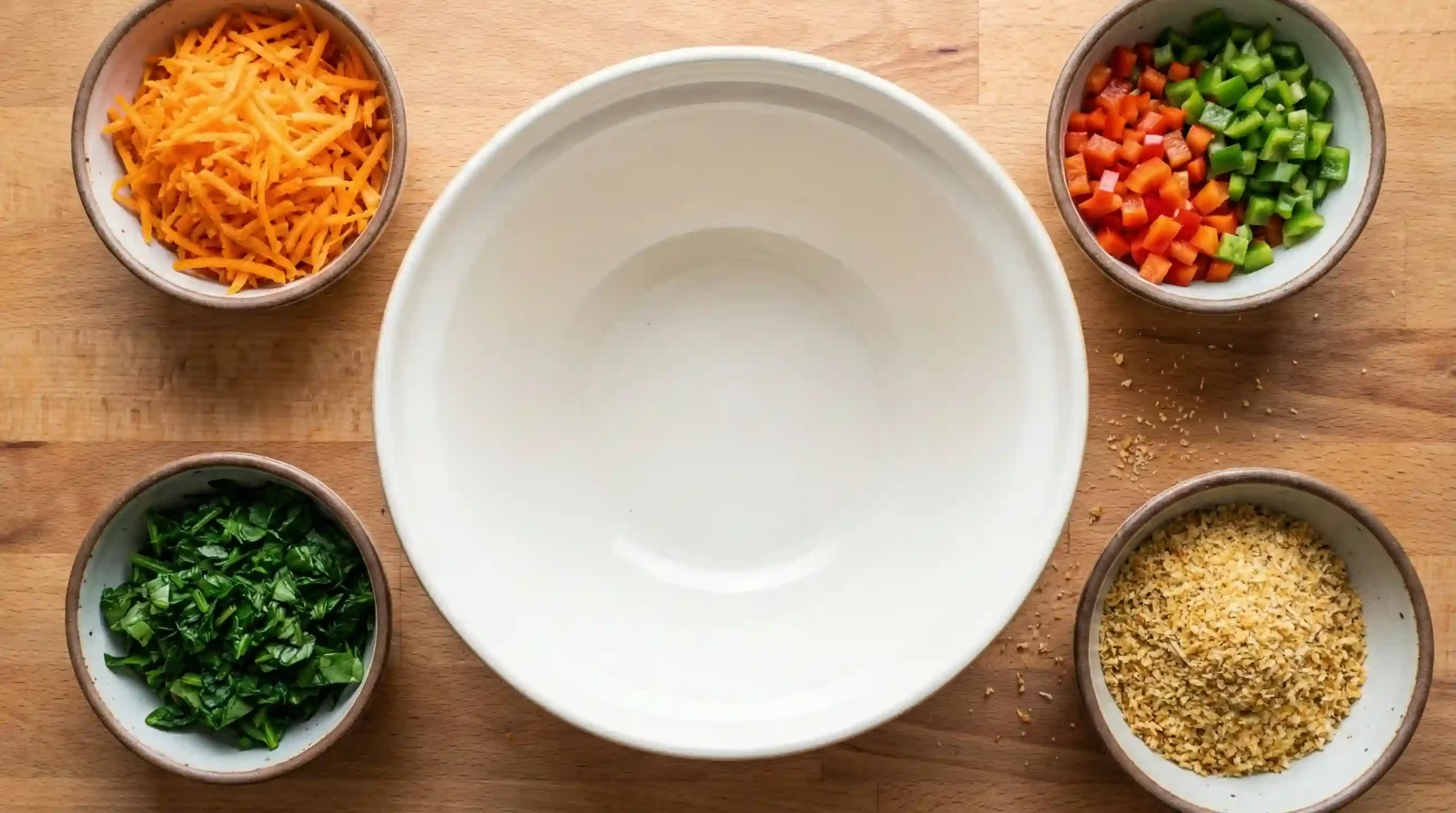 Bowls of carrots, bell peppers, spinach, and seasoned breadcrumbs for fish loaf variations
