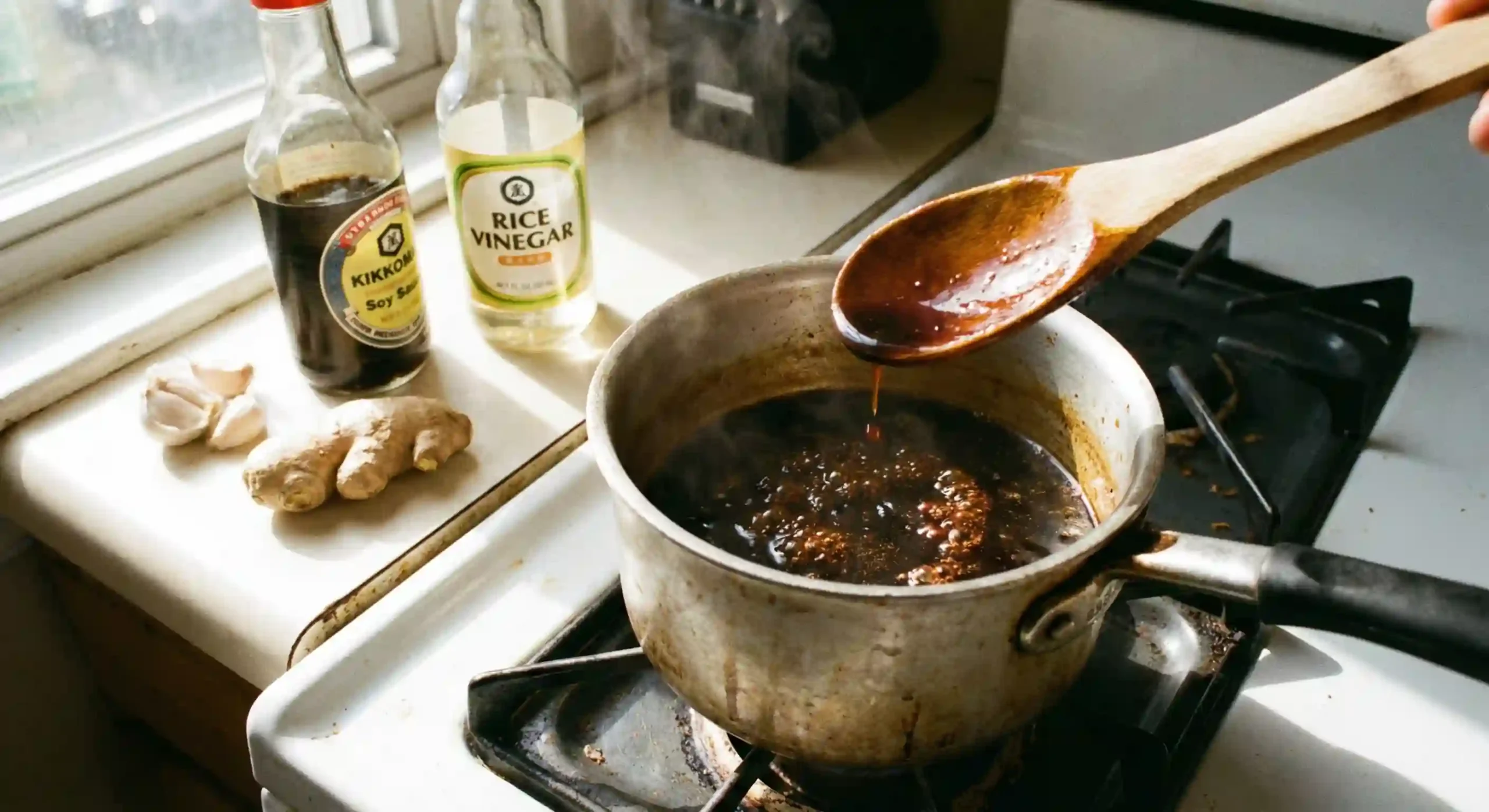 Homemade sesame ginger teriyaki sauce made with soy sauce rice vinegar ginger garlic sugar and thickening