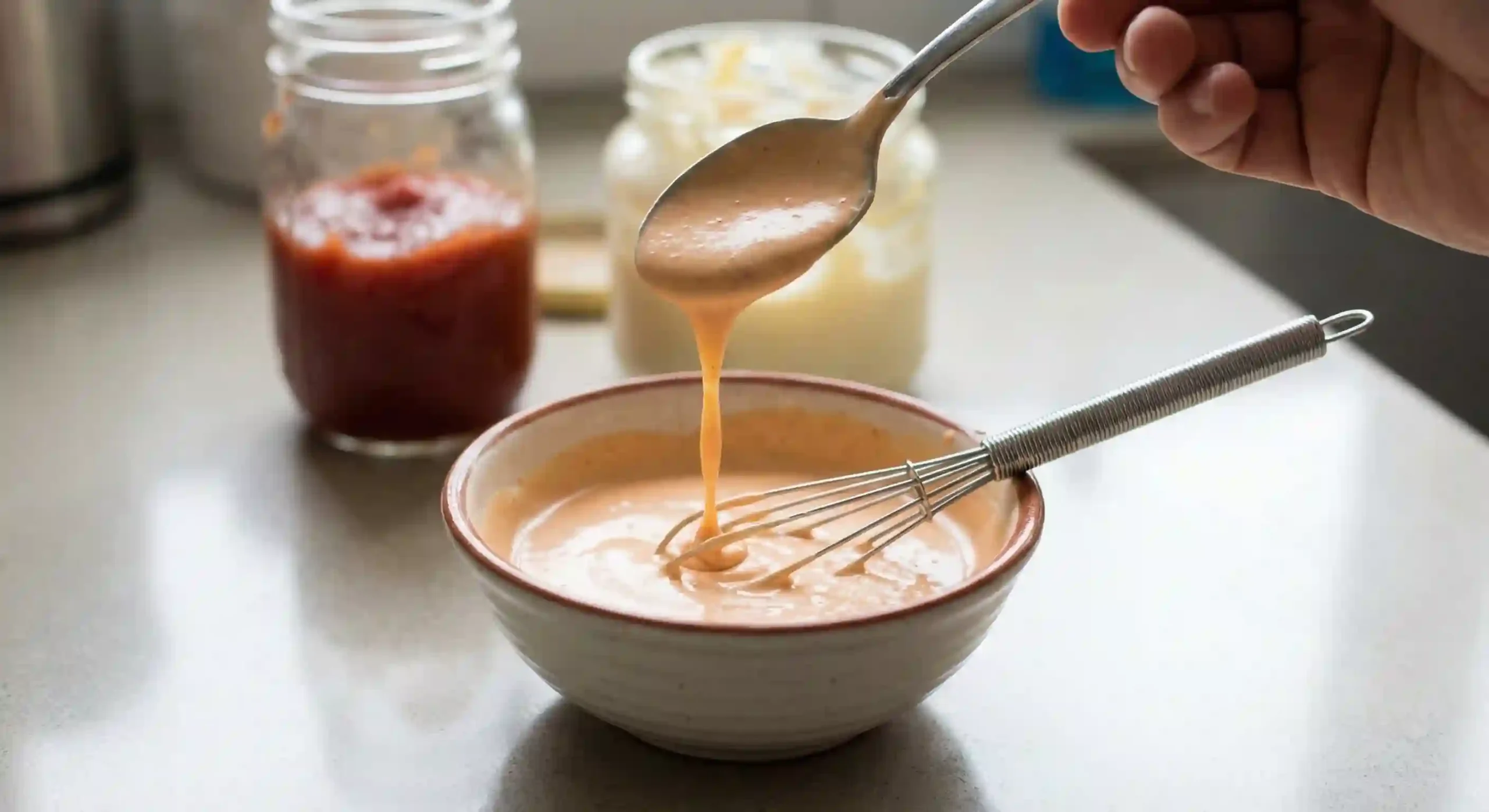 Homemade yum yum sauce with mayo ketchup rice vinegar mirin garlic powder onion powder and water to thin consistency