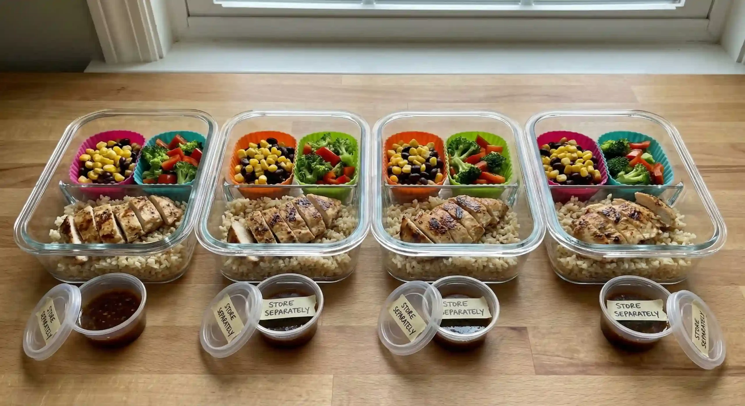 Meal prep bowls stored separately with make ahead sauce reheat rice chicken and keep crisp for 3 to 5 days