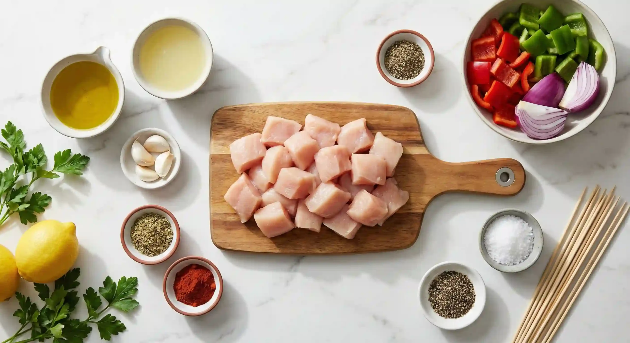 Mediterranean chicken kebab ingredients with olive oil lemon garlic