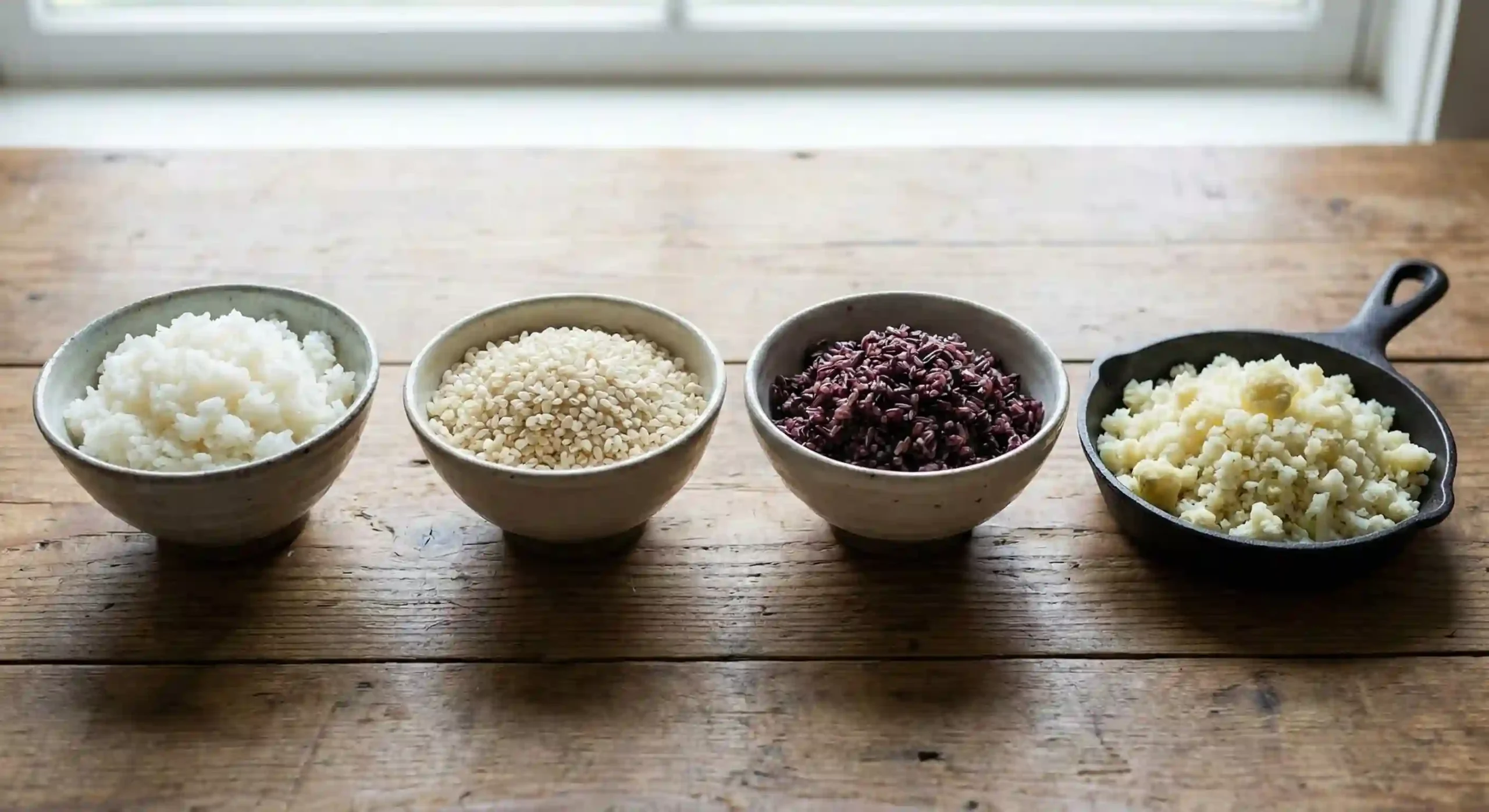 Rice base options including white rice short grain rice purple rice and cauliflower rice