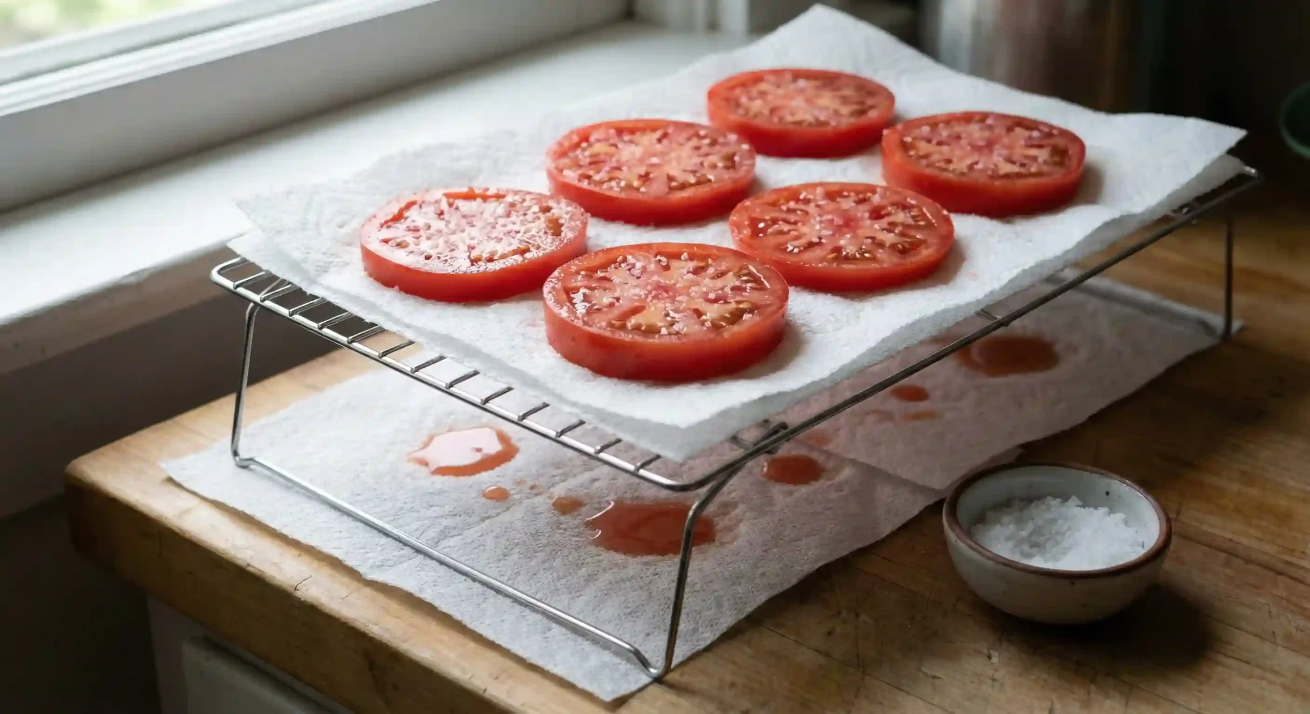 Salted tomatoes draining on paper towels to reduce moisture for pizza