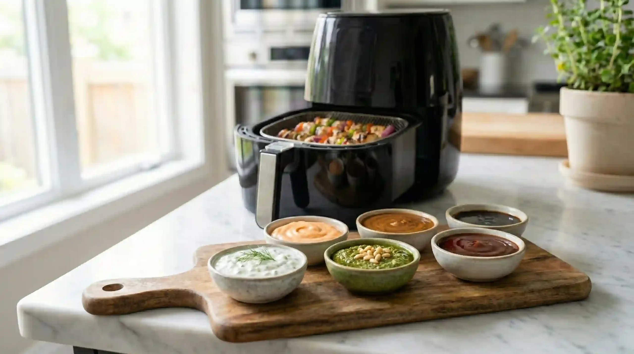 Sauces for Costco chicken kebabs including tzatziki and pesto