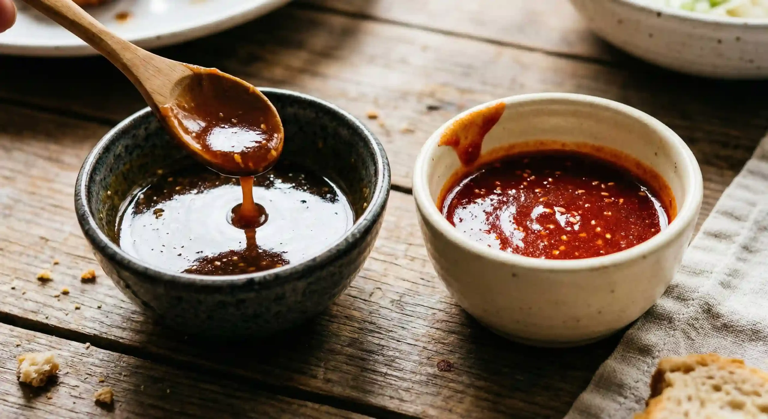 Sesame ginger teriyaki sauce and gochujang sauce side by side with sesame seeds