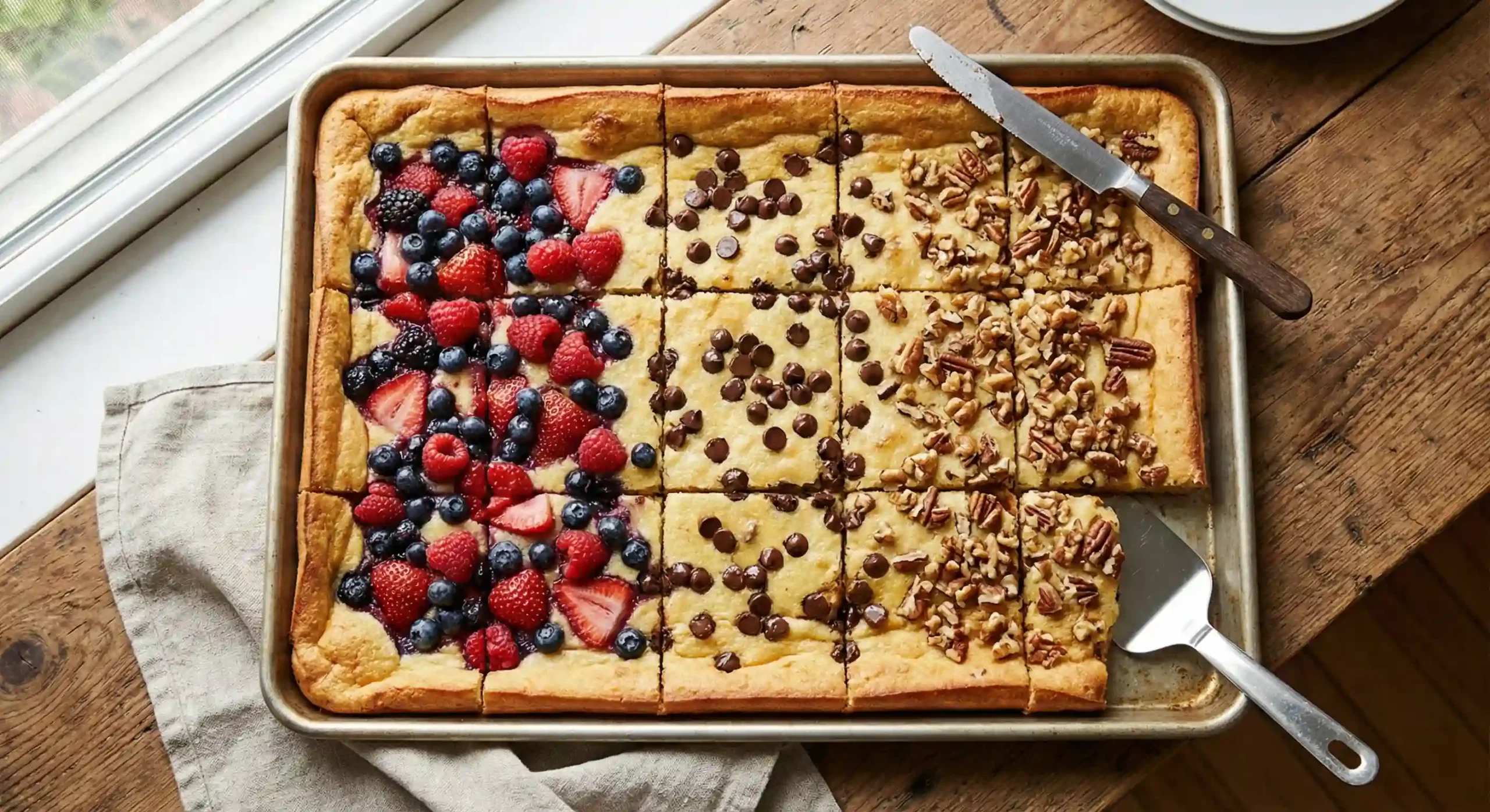 sheet pan pancakes with topping zones