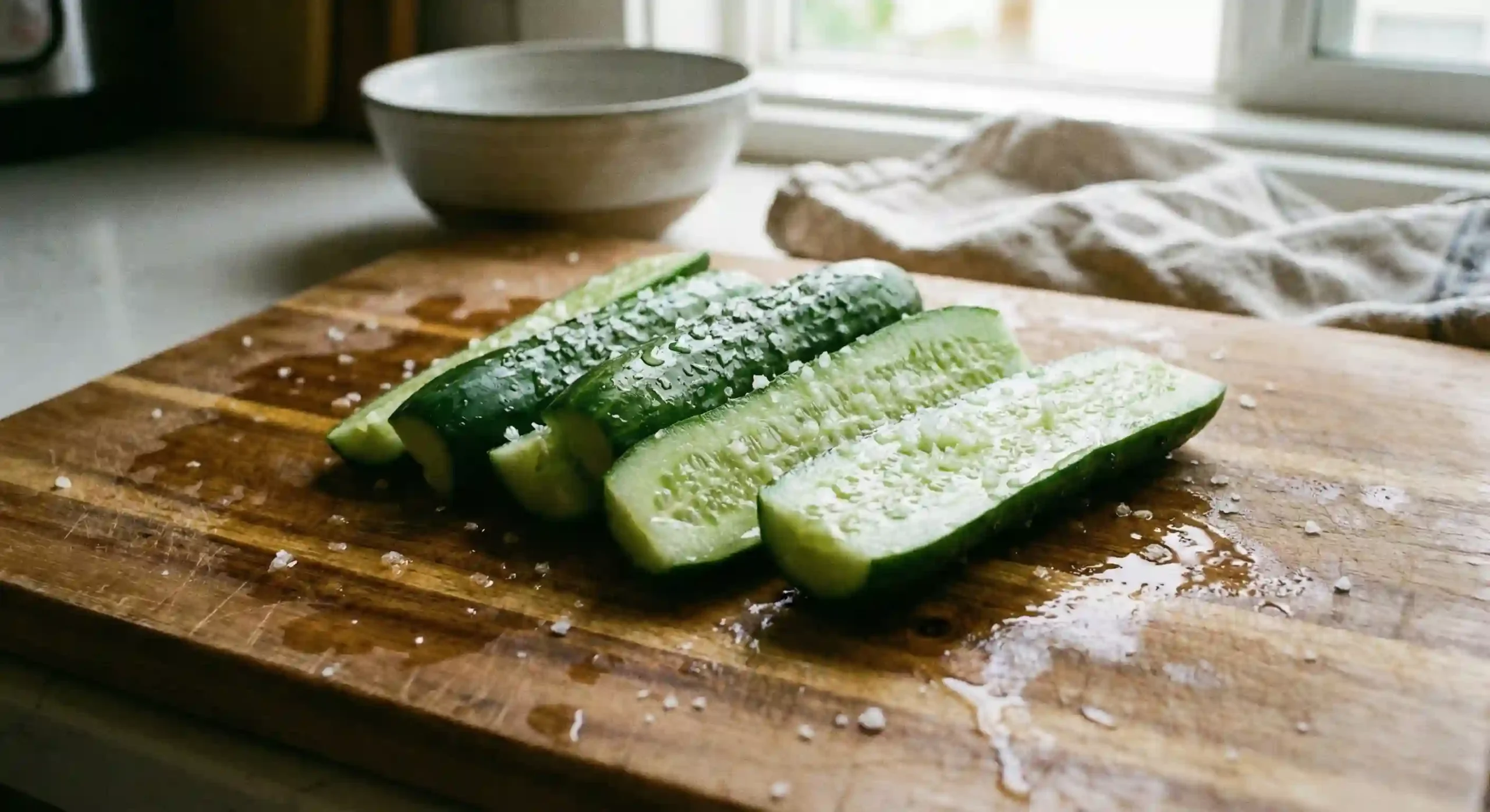 smashed cucumbers releasing water during salting process