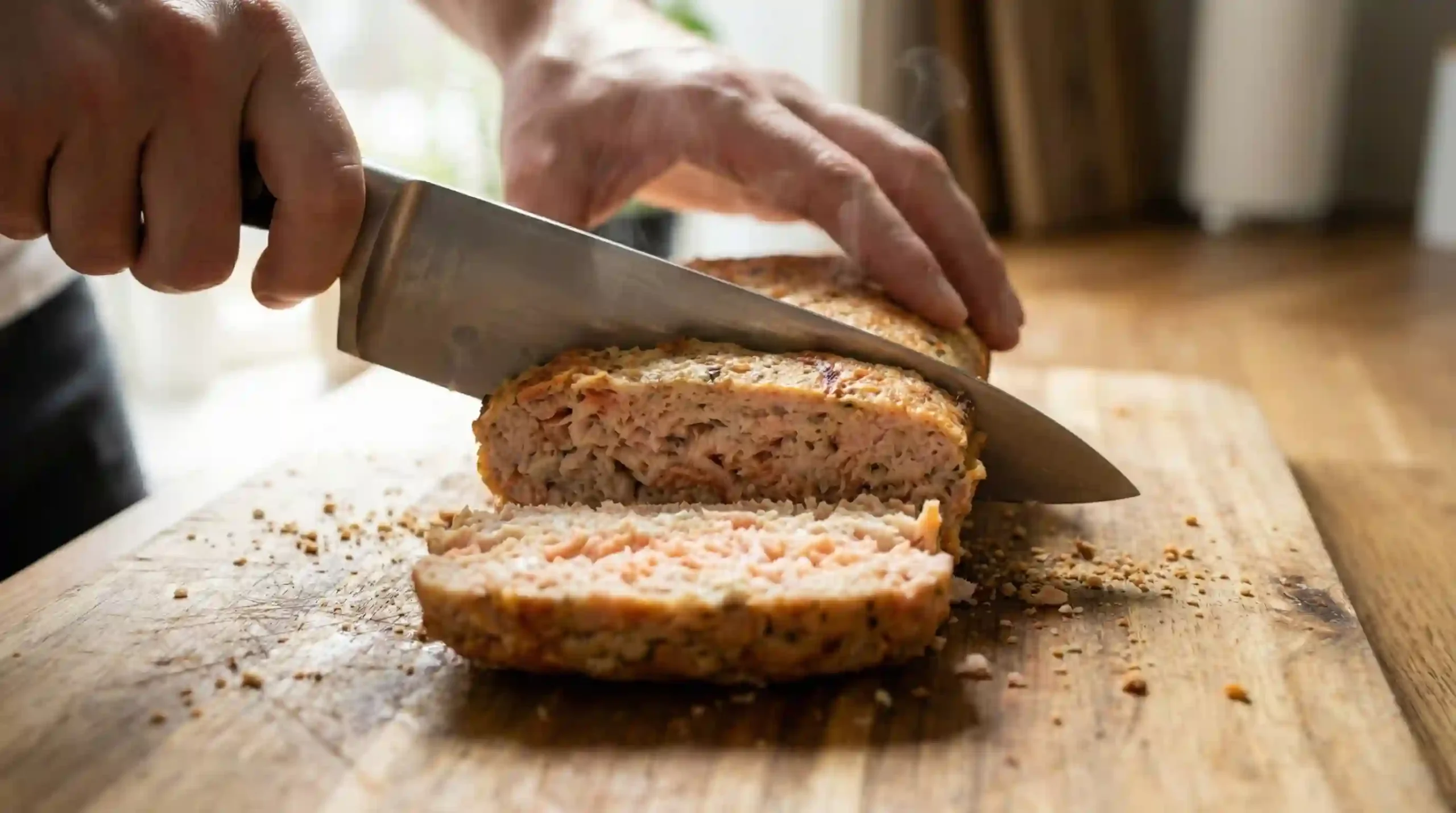 Knife slicing a tuna and salmon loaf with a moist flaky interior